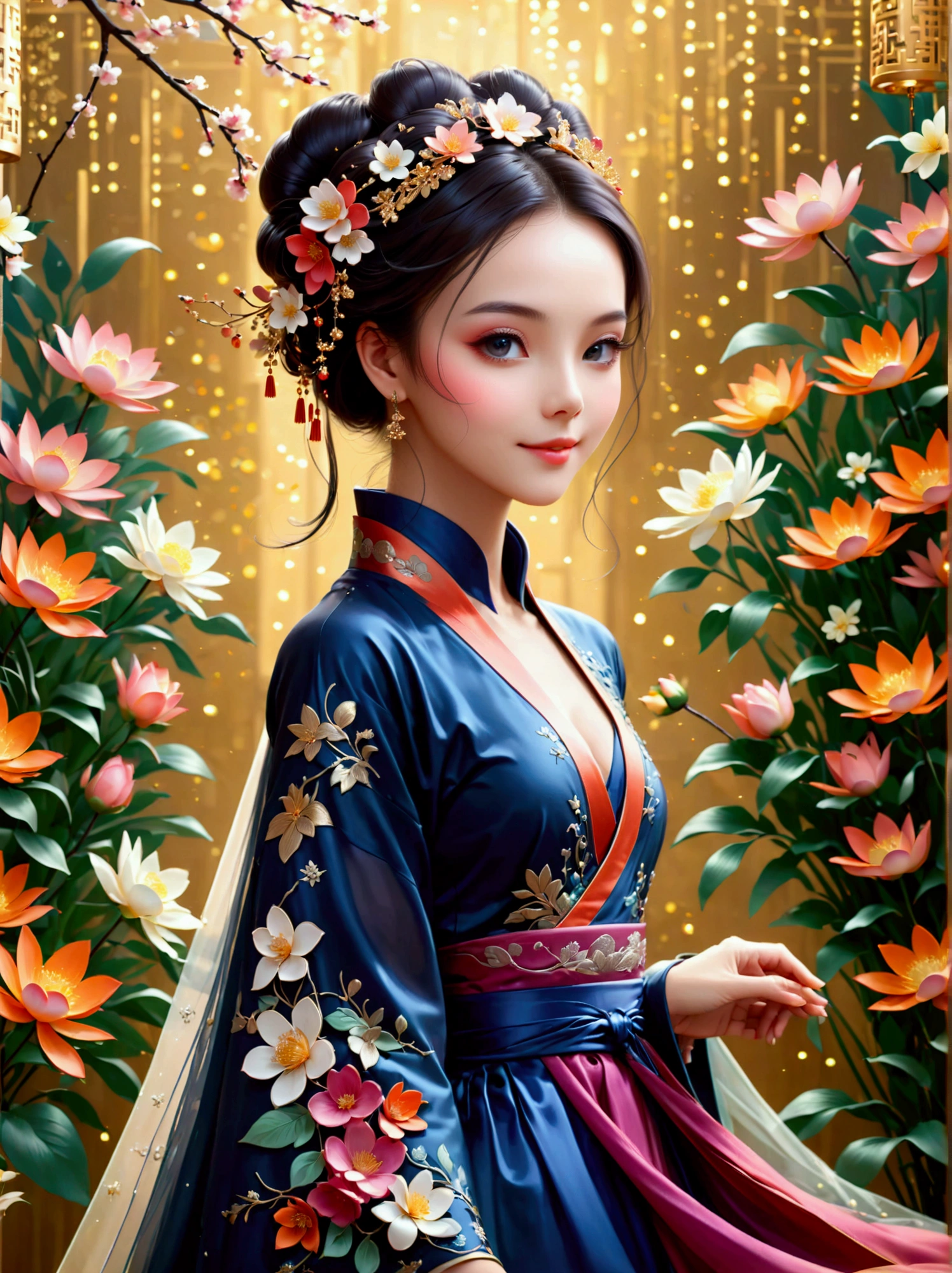 by Julien Arnal,Abstract Pictorial,Cartoon illustration,Sequins,Ambilight,Healing gouache,Starry Sky,Dark night shimmer,Youth Manga,Bright tones,gorgeous,Beautiful illustrations,Morandi color tone,Beautiful model catwalk,Performing dance steps。Wearing Ming Dynasty Hanfu,玫瑰Long skirt,Princess dress,gorgeous复古宫廷风格连衣裙,Long skirt,超Long skirt,- Wide hem,Long skirt下摆接近地面,The style is a high-end dress from the Hanfu Fashion Week,Haute couture,Private custom,Fashion show model,Big show,Tulle accessories on skirt。Necklace on the neck,short hair,Hair up,Headdress,big eyes,It's beautiful,((There was only one female model on the catwalk)),Men and women make up a large part of,The runway is covered with flowers,Background covered with flowers,Female model with a smile on her face,Standing,Elegant and dignified posture,8k,Ultra HD,masterpiece,precise,Textured Skin,High Detail,Best quality,Awards,Long Shot,Sense of distance,(Vector illustration:1.5)