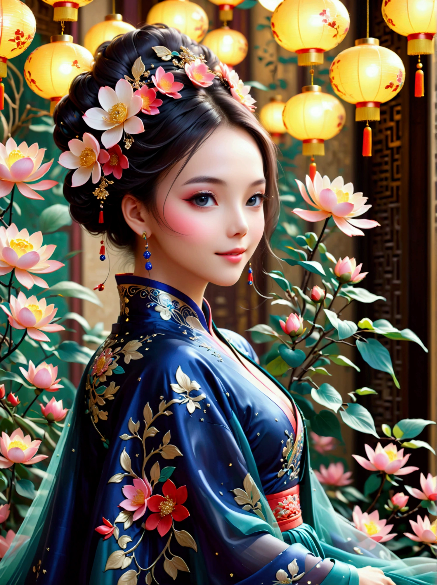 by Julien Arnal,Abstract Pictorial,Cartoon illustration,Sequins,Ambilight,Healing gouache,Starry Sky,Dark night shimmer,Youth Manga,Bright tones,gorgeous,Beautiful illustrations,Morandi color tone,Beautiful model catwalk,Performing dance steps。Wearing Ming Dynasty Hanfu,玫瑰Long skirt,Princess dress,gorgeous复古宫廷风格连衣裙,Long skirt,超Long skirt,- Wide hem,Long skirt下摆接近地面,The style is a high-end dress from the Hanfu Fashion Week,Haute couture,Private custom,Fashion show model,Big show,Tulle accessories on skirt。Necklace on the neck,short hair,Hair up,Headdress,big eyes,It's beautiful,((There was only one female model on the catwalk)),Men and women make up a large part of,The runway is covered with flowers,Background covered with flowers,Female model with a smile on her face,Standing,Elegant and dignified posture,8k,Ultra HD,masterpiece,precise,Textured Skin,High Detail,Best quality,Awards,Long Shot,Sense of distance,(Vector illustration:1.5)