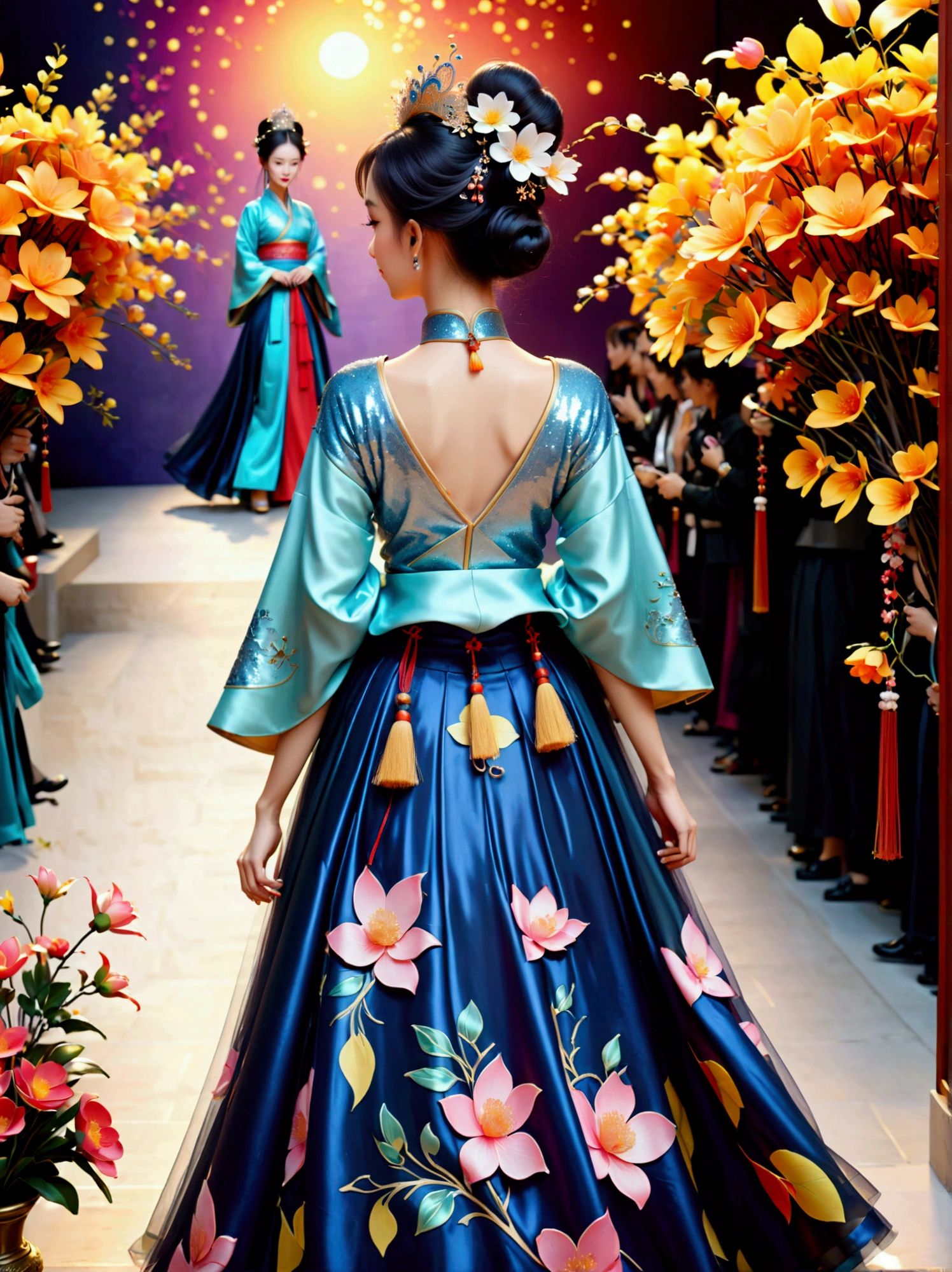 by Julien Arnal,Abstract Pictorial,Cartoon illustration,Sequins,Ambilight,Healing gouache,Starry Sky,Dark night shimmer,Youth Manga,Bright tones,gorgeous,Beautiful illustrations,Morandi color tone,Beautiful model catwalk,Performing dance steps。Wearing Ming Dynasty Hanfu,玫瑰Long skirt,Princess dress,gorgeous复古宫廷风格连衣裙,Long skirt,超Long skirt,- Wide hem,Long skirt下摆接近地面,The style is a high-end dress from the Hanfu Fashion Week,Haute couture,Private custom,Fashion show model,Big show,Tulle accessories on skirt。Necklace on the neck,short hair,Hair up,Headdress,big eyes,It's beautiful,((There was only one female model on the catwalk)),Men and women make up a large part of,The runway is covered with flowers,Background covered with flowers,Female model with a smile on her face,Standing,Elegant and dignified posture,8k,Ultra HD,masterpiece,precise,Textured Skin,High Detail,Best quality,Awards,Long Shot,Sense of distance,(Vector illustration:1.5)