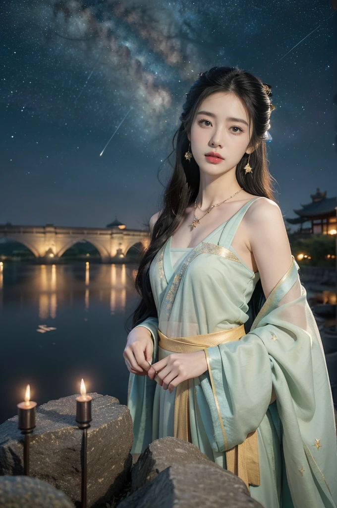 (((best quality))),(((ultra detailed))),(((masterpiece))),illustration,((1 beautiful girl,solo)),(shoulder length straight hair:1.2),((earrings,necklace)),((slim,thin)),((small breasts,flat chest)),(gorgeous sheer Hanfu:1.3),(standing:1.3),(on the stone arch bridge:1.3),((starry sky,the Milky Way)),elegance, grace, sophisticated updo, delicate hairpins, twinkling stars, radiant smile, bright eyes, wonder, beauty of the night sky, intricate patterns, flowers, birds, vibrant colors, ethereal, enchanting, old bridge, weathered, sturdy, natural surroundings, serene, peaceful atmosphere, rippling water, stars, graceful silhouette, magic, tranquility, twinkling stars, mesmerizing canopy of light, cool air, crisp, faint scent of blooming flowers, contemplation, admiration, ancient China, timeless, rich culture, traditions, captivating, enchanting atmosphere, myth, legend,((from front,upper body))