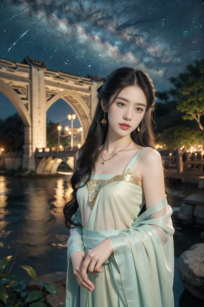 (((best quality))),(((ultra detailed))),(((masterpiece))),illustration,((1 beautiful girl,solo)),(shoulder length straight hair:1.2),((earrings,necklace)),((slim,thin)),((small breasts,flat chest)),(gorgeous sheer Hanfu:1.3),(standing:1.3),(on the stone arch bridge:1.3),((starry sky,the Milky Way)),elegance, grace, sophisticated updo, delicate hairpins, twinkling stars, radiant smile, bright eyes, wonder, beauty of the night sky, intricate patterns, flowers, birds, vibrant colors, ethereal, enchanting, old bridge, weathered, sturdy, natural surroundings, serene, peaceful atmosphere, rippling water, stars, graceful silhouette, magic, tranquility, twinkling stars, mesmerizing canopy of light, cool air, crisp, faint scent of blooming flowers, contemplation, admiration, ancient China, timeless, rich culture, traditions, captivating, enchanting atmosphere, myth, legend,((from front,upper body))