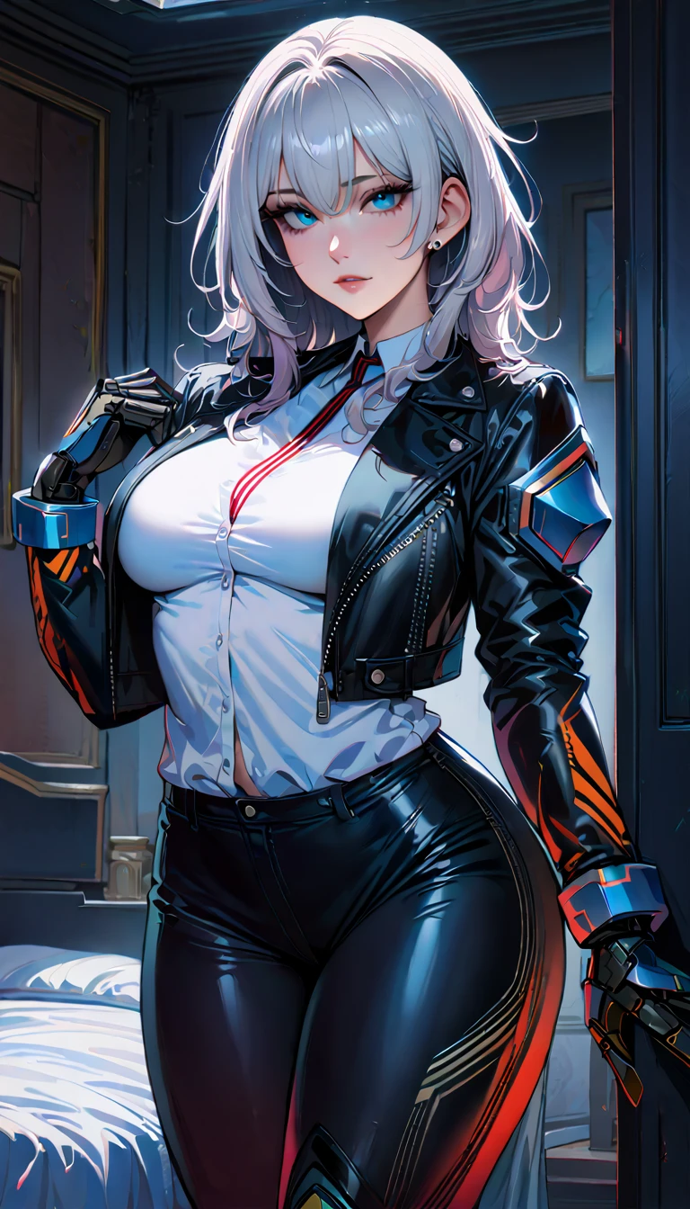 (high quality, 8k, 4K, high contrast, artwork:1.2, high quality, best aesthetics), (centered), ((1 woman)), erotic, sensual, mature body, sexy woman, super detailed, beautiful face detailed, beautiful eyes detailed, detailed beautiful mouth, perfect breats, perfect thighs, (long wavy white hair), (blue eyes), (piercing gaze), (looking at viewer), (standing), (front view), (open black leather jacket with plain white shirt underneath), (black jeans), (metal arms), (inside a bedroom)
