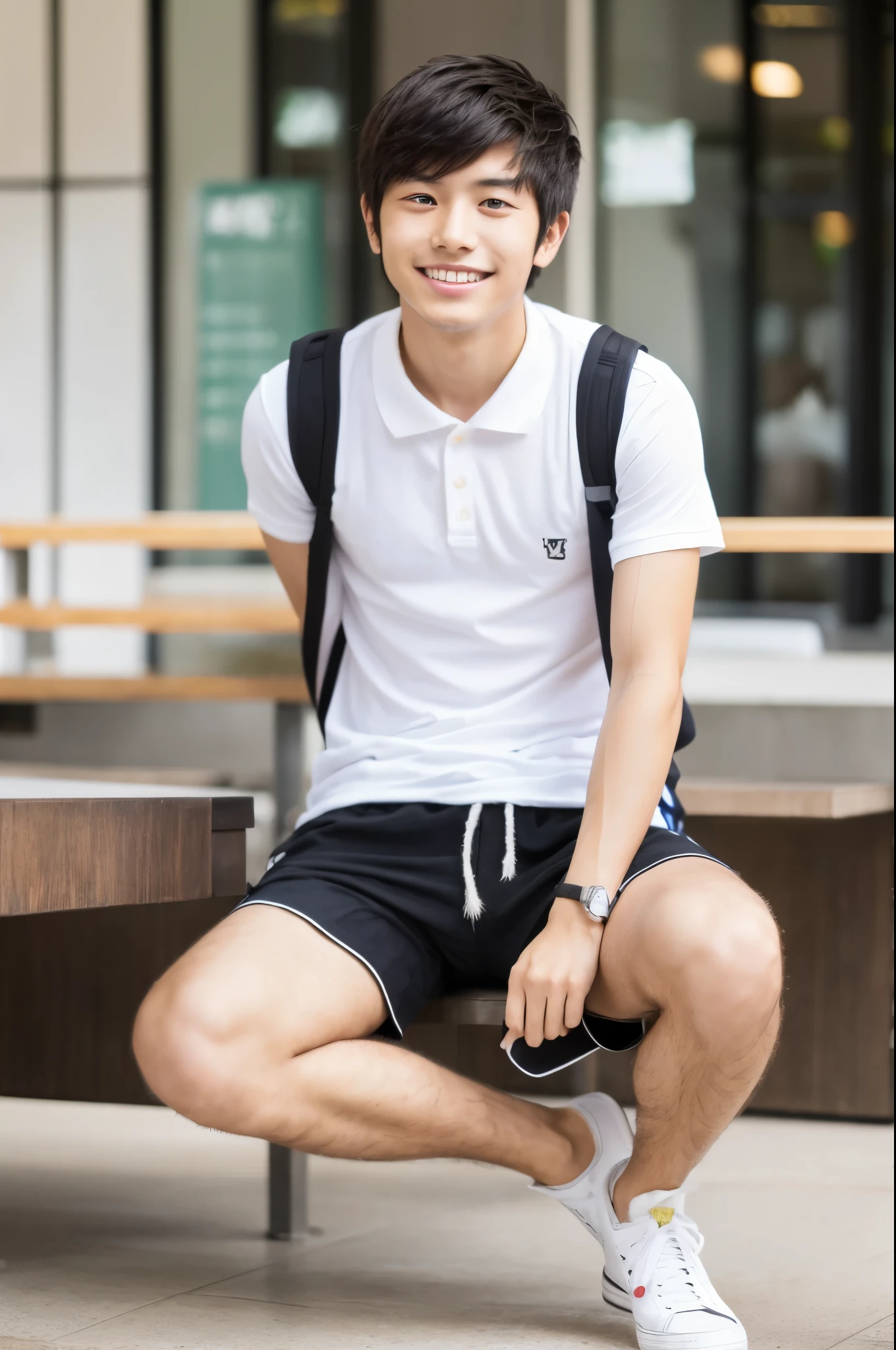 Japanese, male, university student, Wearing shorts, Sitting, ((full body)), (super sharp focus), (Hairy legs), smile, Anatomically correct,