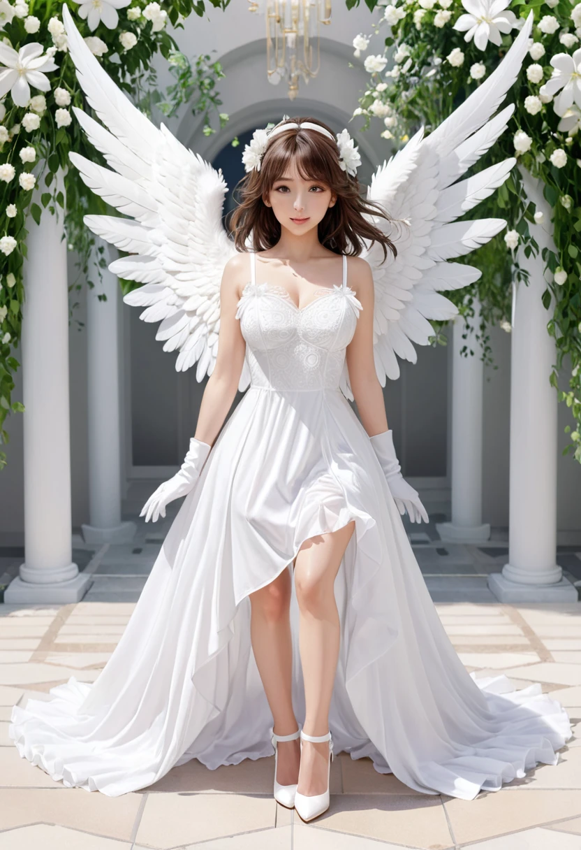 wife_anime_Angel in white dress, White gloves, White heels, Angel Wings, A paradise with flowers