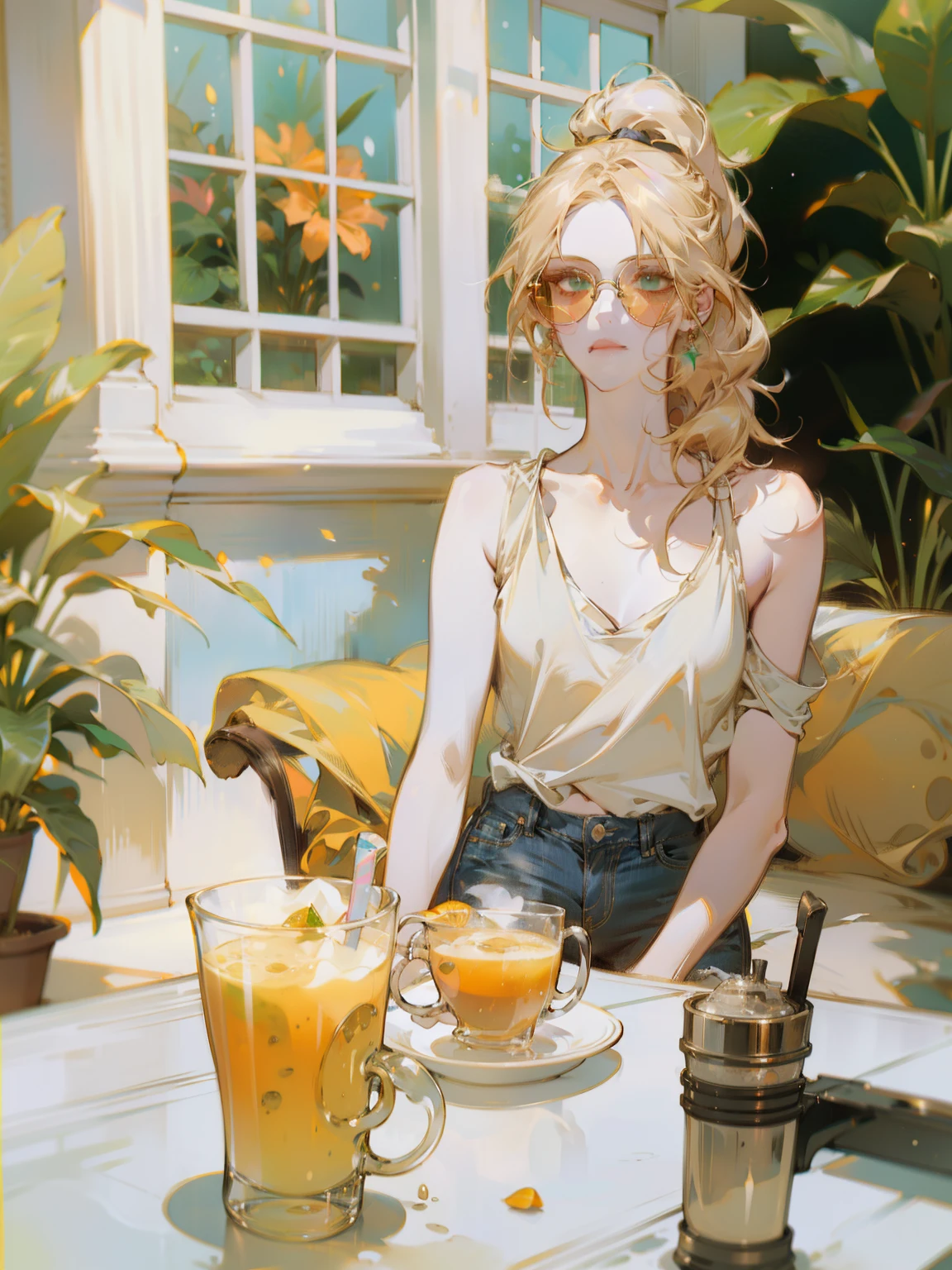 ((Beautiful girl)), blonde, hair in a medium-length ponytail, no fringes, ((white top:1.2)), blue jean shorts, sunglasses, slight smile, perfect detailed face, sunny weather, café veranda, coffee table, green plants, a cup of matcha and a glass of cold orange juice on the table, drops of water on the glass of the glass, particles of light, she looks at the viewer., shy, sparkle, glowing light, chromatic aberration, cinematic lighting, Nikon, masterpiece, accurate, anatomically correct, textured skin, super detail, high details, best quality, 16k