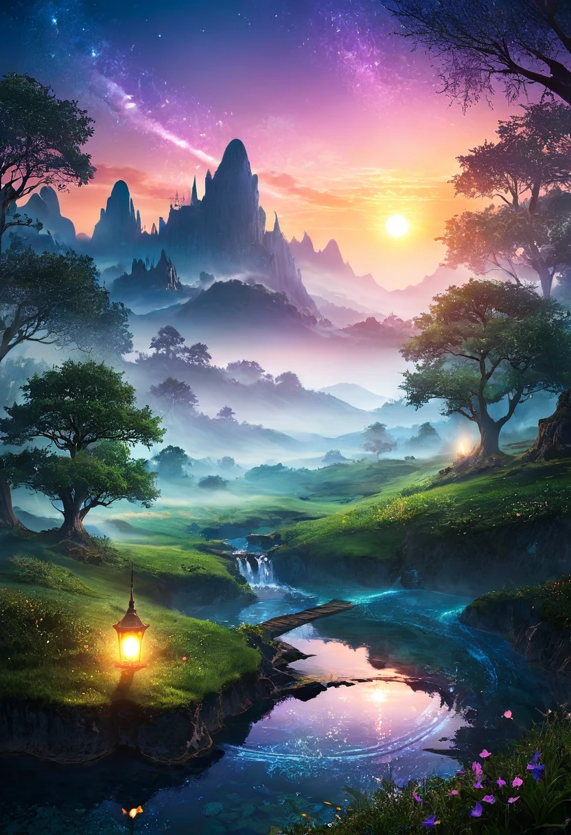 Mystical magical dawn landscape full of magic 
