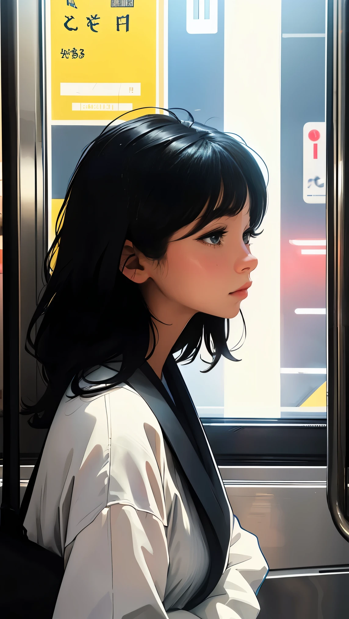 Woman looking at the view outside the window in front of the subway doors、Bright colors、Soft Focus、Light leakage、、uniform、Experimental charm、A break in color field painting with a retro appeal、Various colors、abstract expressionism、Bold colors、Emotional impact、Atmospheric Depth、Minimalist Approach Break、Beautiful girls、uhd（Super detailed）、Flashy、Shortcuts、Black Hair、Japanese、Bright padded clothing、White stardust in a dark place、Absurd、High resolution、Very detailed、Bright colors、Soft Focus、Light leakage、Dreamy atmosphere、information、Black Hair、Large Breasts