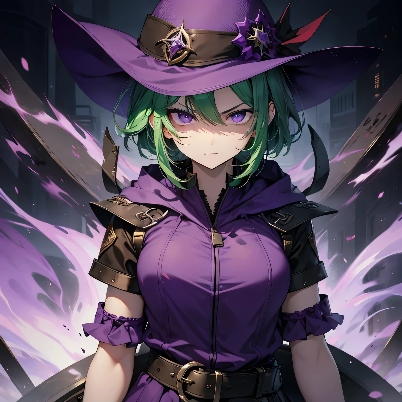 Best image quality、highest quality、Beautiful Eyes、4k、expression of murderous intent、Expressions of hatred、Purple Eyes、Green Hair