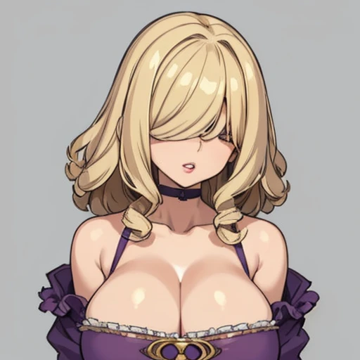 (masterpiece), (best quality),(portrait),(bust up),1girl,solo,(hair over eyes:1.4),long bangs,(blonde hair),curly hair, medium hair,(Revealing neckline),Cleavage, collarbone,huge breasts, wide hips,puffy lips, purple lips, thick lips, ancient long clothes,(simple background),gray background,old school fantasy art,