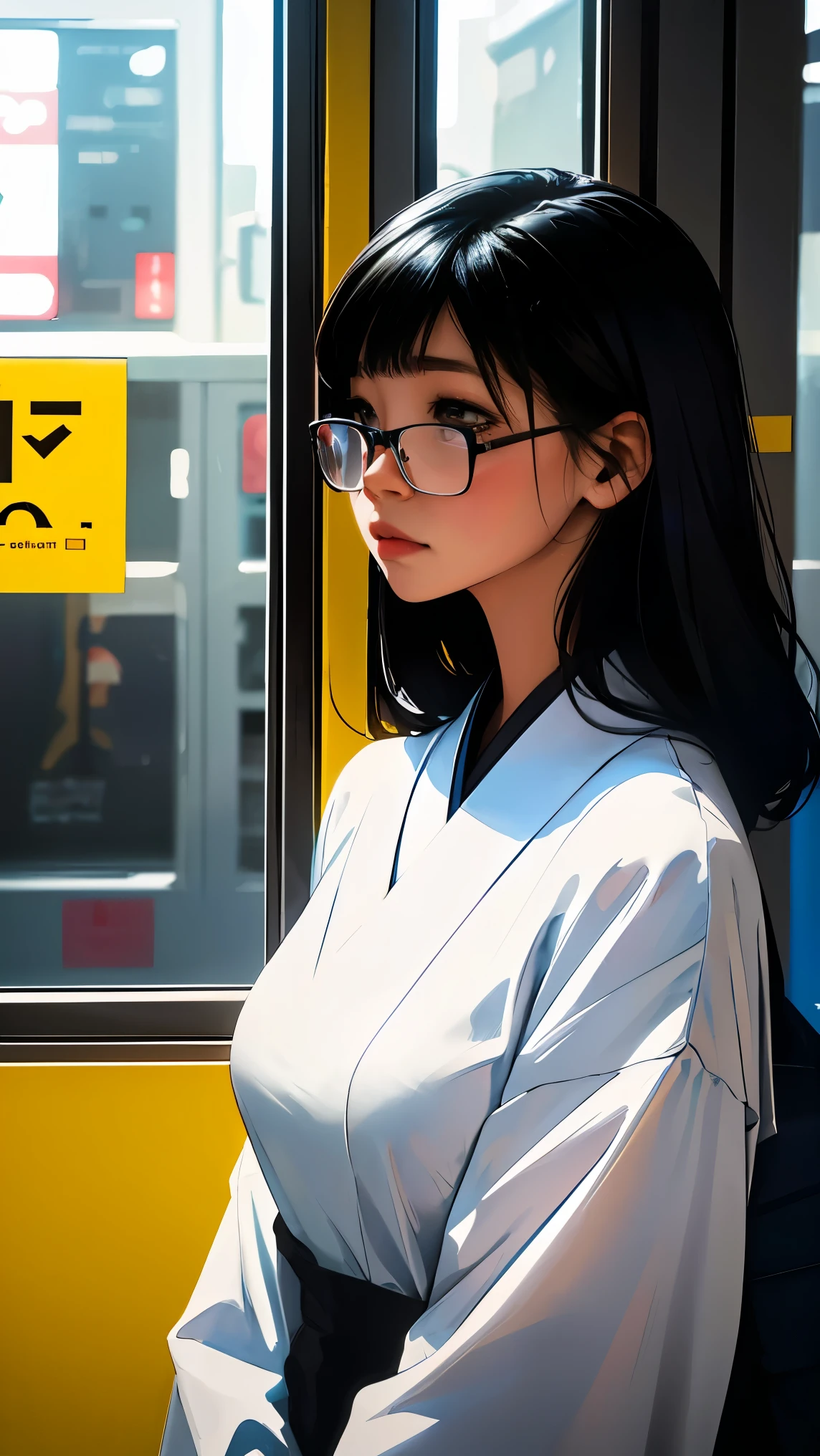 Woman looking at the view outside the window in front of the subway doors、Bright colors、Soft Focus、Light leakage、、Glasses、Experimental charm、A break in color field painting with a retro appeal、Various colors、abstract expressionism、Bold colors、Emotional impact、Atmospheric Depth、Minimalist Approach Break、Beautiful girls、uhd(Super detailed)、Flashy、Shortcuts、Black Hair、Japanese、Bright padded clothing、White stardust in a dark place、Absurd、High resolution、Very detailed、Bright colors、Soft Focus、Light leakage、Dreamy atmosphere、information、Black Hair、Large Breasts