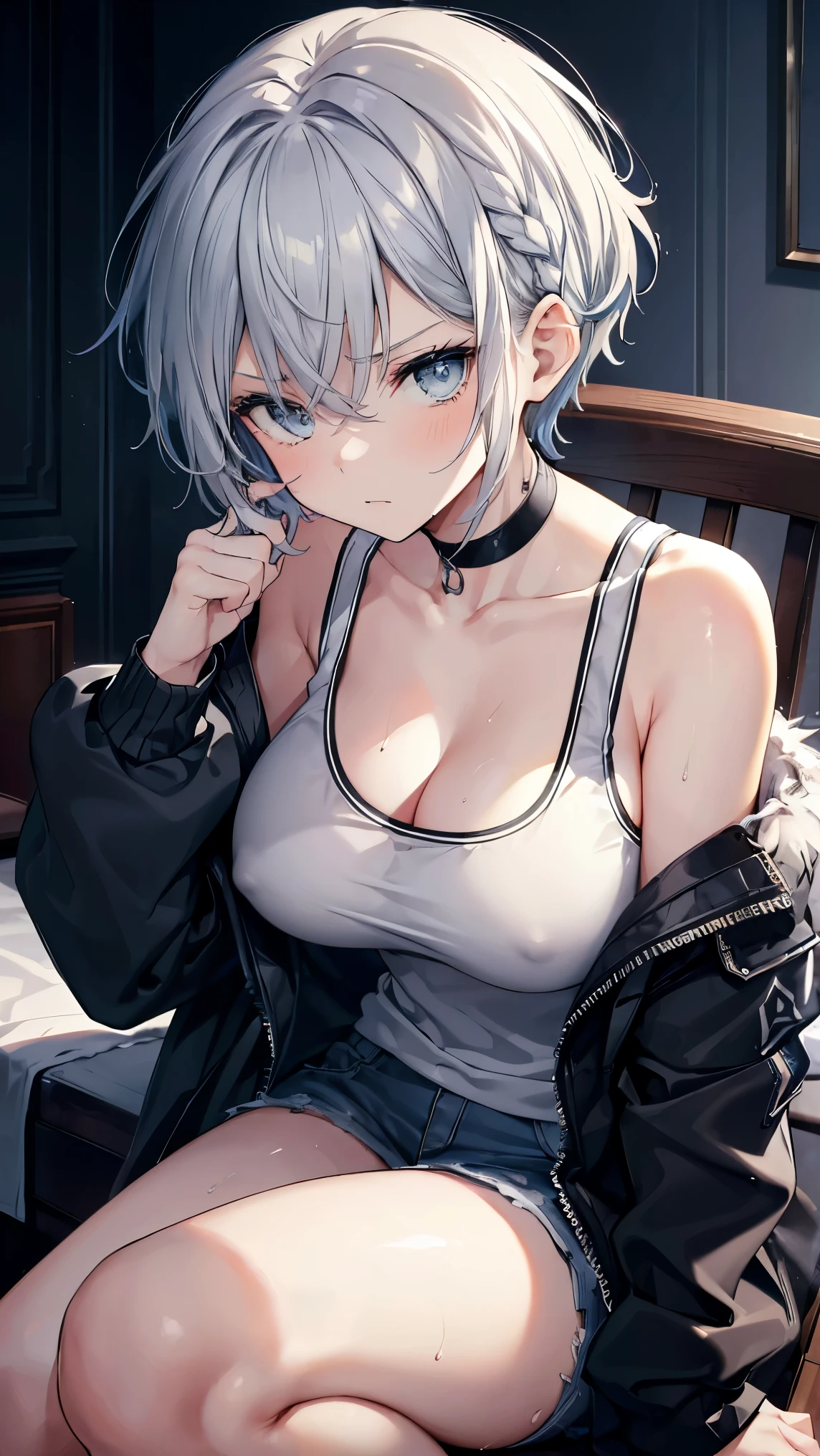 High resolution,high resolution,Girl,(Braiding,Gray Hair,Short Hair,Blue accent color),Grey Eyes,Slanted Eyes,Bad mood,boyish,slender,Jacket,fur,Tank top,On the bed,Dark Room,,choker,Large Breasts,Wet with sweat,Sit on a chair,Get on one knee
