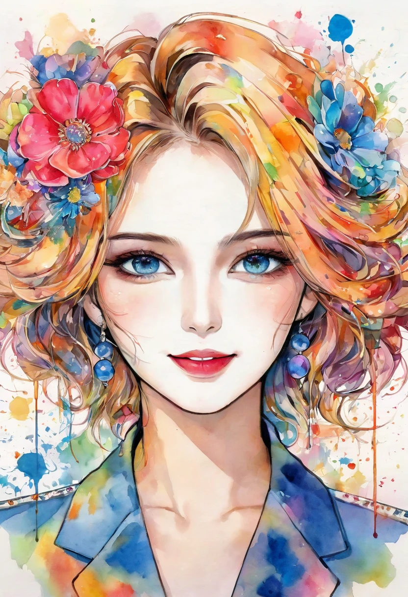 beautiful woman portrait, cute smile, Sylvia Pelissero watercolors, colorful flowers, beautiful eyes,  upper body, abstract art, intense watercolor, watercolor detailed art, watercolor splash, surreal, avant-garde pop art, Beautiful and expressive paintings, Beautiful artwork illustration, very colorful tones, wonderful, cool beauty, highest quality, official art, women only, sharp outline, best shot, vector art, lips in love、 (((The strongest beautiful women of all time))), (((Japanese)))、clear, (((highest quality))), lips in love, HDR, ((Detailed details)), stylish fashion, detailed clothing texture, (((graffiti art))), colorful hair, ((masterpiece))、((Super detailed))