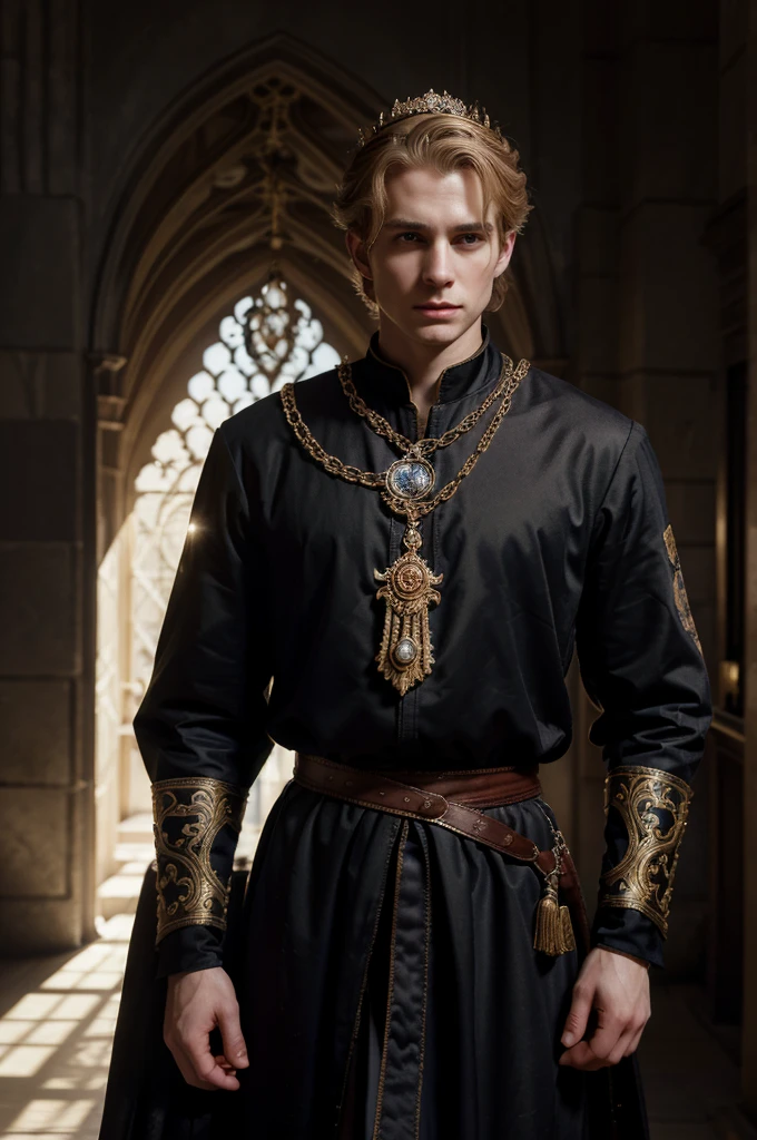 A dark-blonde hair man, 26 years old, pale skin, mesomorph body, hands on waist, medieval prince, noble clothes, crown, detailed face, chiaroscuro lighting, dramatic shadows, cinematic, oil painting, highly detailed, intricate ornate costume, regal, dramatic