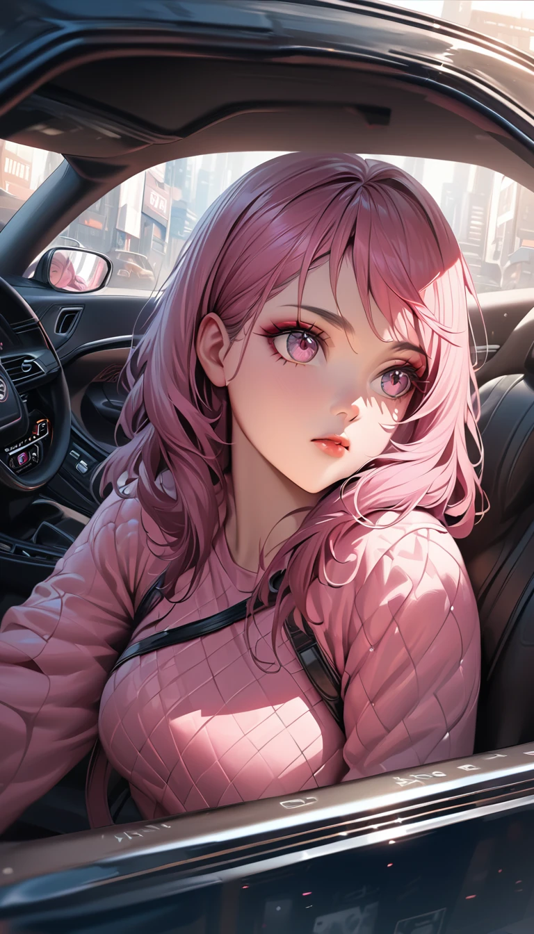 High angle photo of gorgeous young woman in cyberpunk style, Realistic skin texture, look up,Pink sweatshirt,Posing in a car, 1 / 2. Body Crop, 8 5mm Art Lens, 1 1. 2, Sharp focus, 8K high resolution, Very detailed, Complex, elegant, Art by Stanley Lau and Cyberpunk