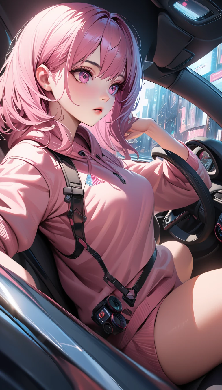 High angle photo of gorgeous young woman in cyberpunk style, Realistic skin texture, look up,Pink sweatshirt,Posing in a car, 1 / 2. Body Crop, 8 5mm Art Lens, 1 1. 2, Sharp focus, 8K high resolution, Very detailed, Complex, elegant, Art by Stanley Lau and Cyberpunk