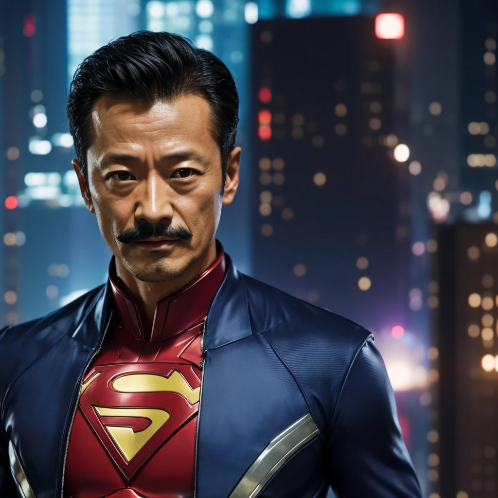 50 years old,Hidetoshi Nakata ,(Kogoro Mouri 1.3), a man as superhero, superhero outfit, tong, mustache, masterpiece, 4k hd, 8k hd