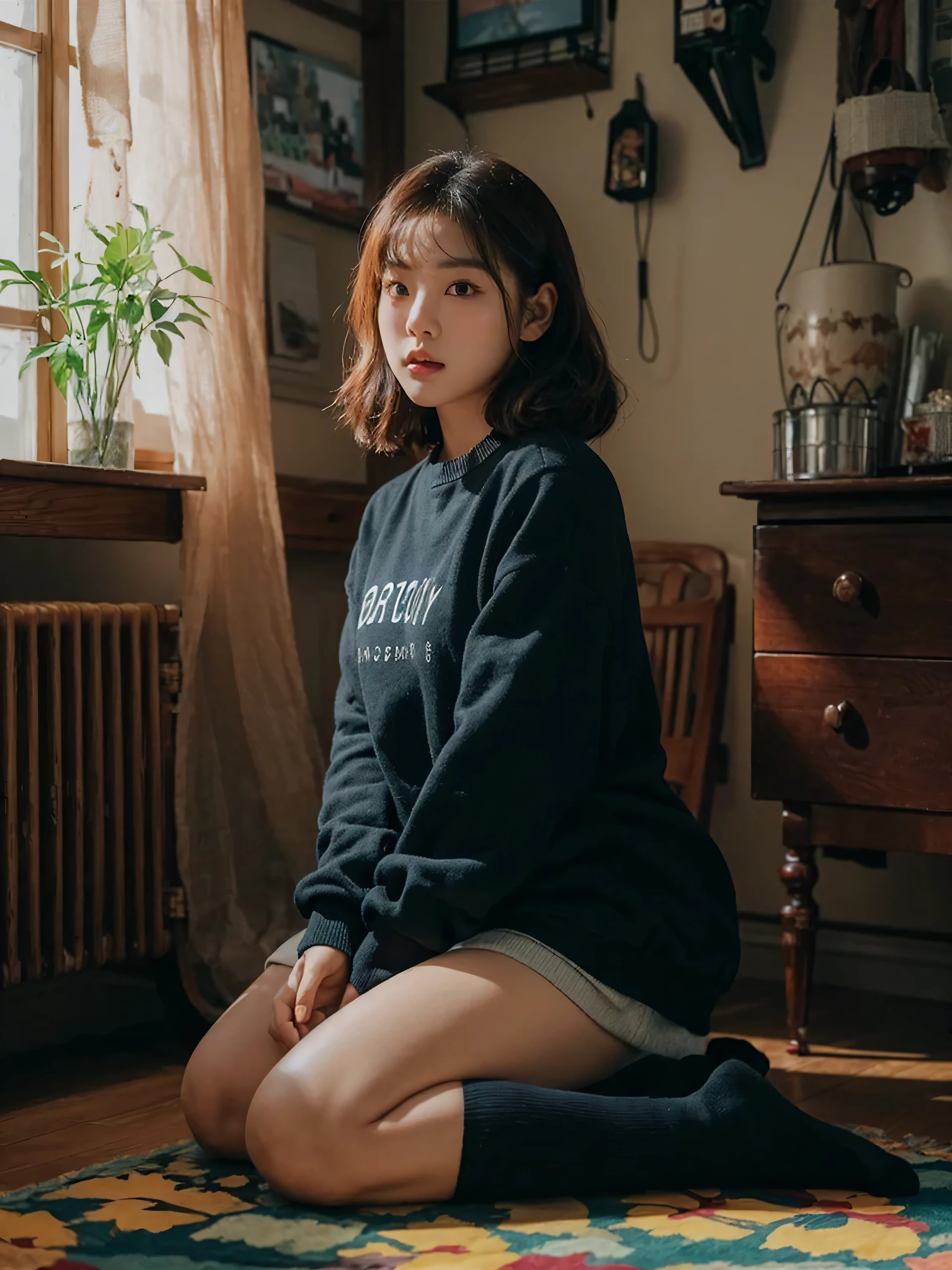 Create a realistic, UHD, 8K visual of a young korean woman, slightly overweight, full body Esbian, Black sweater, black socks, Kneeling, sitting down on the floor, extremely delicate face, Detailed eyes, very intricate, perfect glossy shiny skins, Perfect Lighting, Detailed Lighting, Dramatic shadows, Ray tracing. masterpiece. vivid. hdr