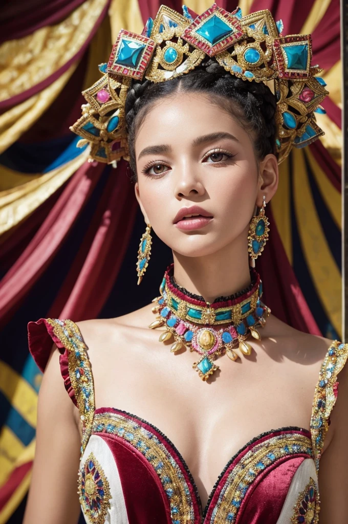 In a striking 16K UE5 editorial photograph, Olivia Gibbs poses against a vibrant patchwork backdrop reminiscent of ancient Rome's colorful mosaics. The model wears an exquisite Haute Couture ensemble: a lavish velvet dress with intricate ruffles, complemented by a dazzling diamond necklace and earrings forming a collar. Her loose braids adorned with crystal beads shimmer in the bright sunlight, accentuating her features. Against this whimsical setting, Olivia strikes a bold pose, surrounded by blurred lines, distorted shapes, and edgy silhouettes that defy gravity.