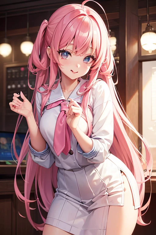 A cute anime girl with long pink hair, sticking out her tongue, wearing a white sailor uniform, hyper detailed, intricate character design, beautiful detailed eyes, beautiful detailed lips, extremely detailed eyes and face, long eyelashes, high quality, 8K, photorealistic, masterpiece, professional, vivid colors, studio lighting, sharp focus, physically-based rendering