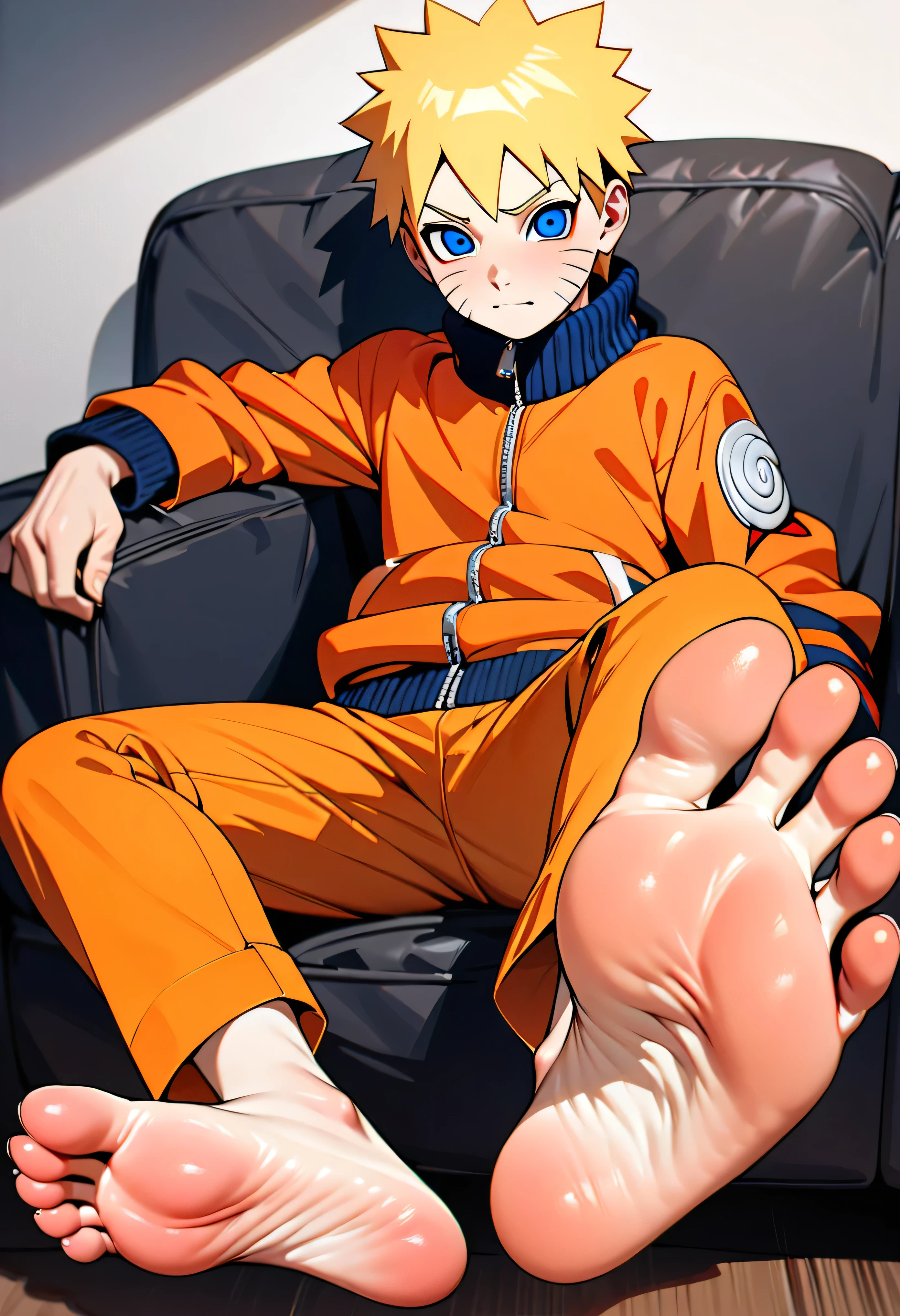 Anime boy Naruto very wet sweaty socks under chair showing his feet soles so very close to the camera