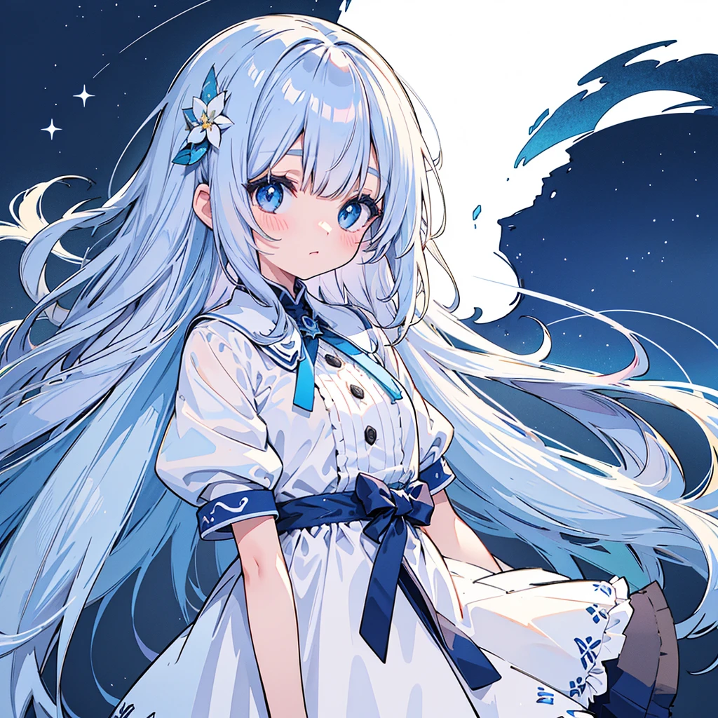vtuber half body、Bangs shorter than eyebrows、Highest quality、Best illustrations、Very detailed、Upper Body、alone、1 girl、Looking into the camera、upright、Place your arms at your sides、Beautiful attention to detail、Concept Art、from the front、White Background、Simple Background、Droopy and large eyes、Very detailedな眼、Sparkling, shining, white and blue gradient long hair、Short sleeve、water colored pencils、Kind Face、blush、Virtual YouTuber、