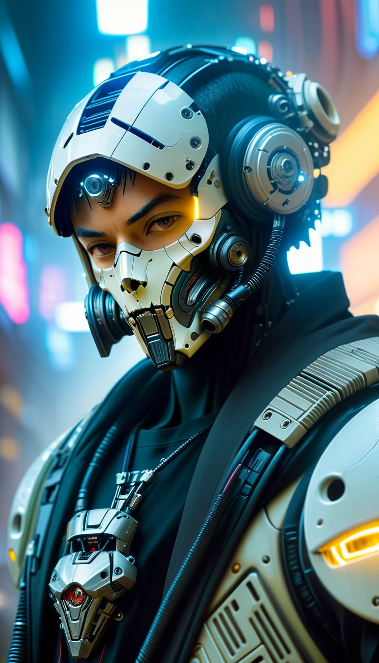 Close-up of a (((Cybernetic boy))) adorned with robotiec elements, blending seamlessly into a cyberpunk environment, (mysterious) and (brutal) ambiance, (masterpiece) of lifelive art, ((mechanized military helmet detail)0, skull mask