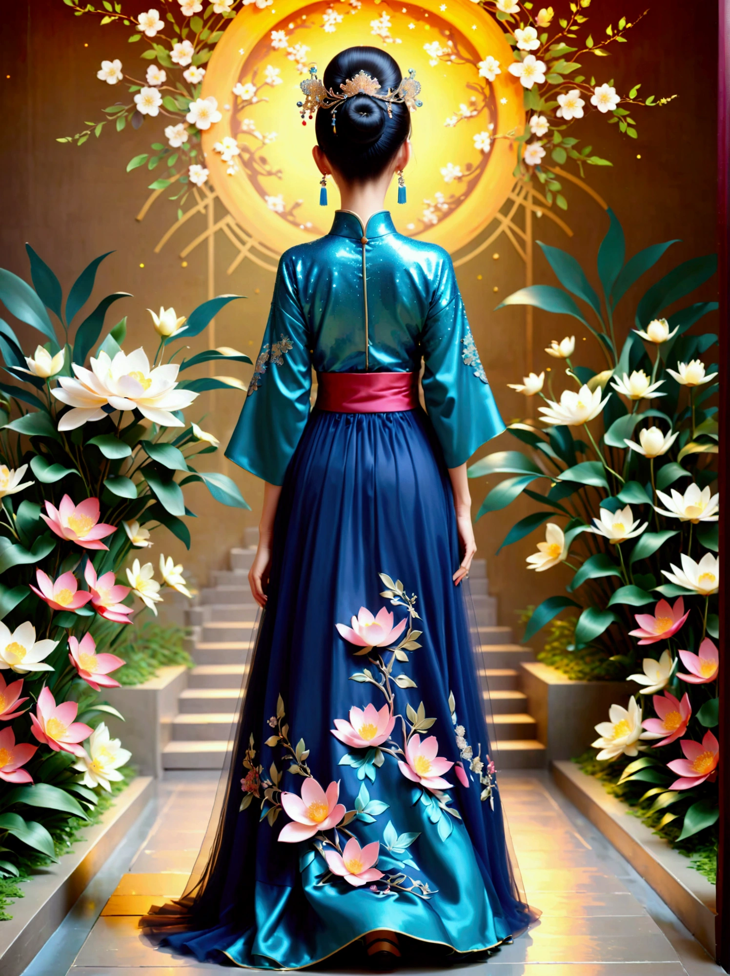 by Julien Arnal,Abstract Pictorial,Cartoon illustration,Sequins,Ambilight,Healing gouache,Starry Sky,Dark night shimmer,Youth Manga,Bright tones,gorgeous,Beautiful illustrations,Morandi color tone,Beautiful model catwalk,Performing dance steps。Wearing Ming Dynasty Hanfu,玫瑰Long skirt,Princess dress,gorgeous复古宫廷风格连衣裙,Long skirt,超Long skirt,- Wide hem,Long skirt下摆接近地面,The style is a high-end dress from the Hanfu Fashion Week,Haute couture,Private custom,Fashion show model,Big show,Tulle accessories on skirt。Necklace on the neck,short hair,Hair up,Headdress,big eyes,It's beautiful,((There was only one female model on the catwalk)),Men and women make up a large part of,The runway is covered with flowers,Background covered with flowers,Female model with a smile on her face,Standing,Elegant and dignified posture,8k,Ultra HD,masterpiece,precise,Textured Skin,High Detail,Best quality,Awards,Long Shot,Sense of distance,(Vector illustration:1.5)