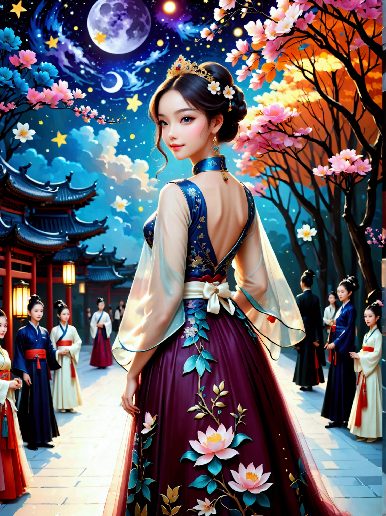 by Julien Arnal,Abstract Pictorial,Cartoon illustration,Sequins,Ambilight,Healing gouache,Starry Sky,Dark night shimmer,Youth Manga,Bright tones,gorgeous,Beautiful illustrations,Morandi color tone,Beautiful model catwalk,Performing dance steps。Wearing Ming Dynasty Hanfu,玫瑰Long skirt,Princess dress,gorgeous复古宫廷风格连衣裙,Long skirt,超Long skirt,- Wide hem,Long skirt下摆接近地面,The style is a high-end dress from the Hanfu Fashion Week,Haute couture,Private custom,Fashion show model,Big show,Tulle accessories on skirt。Necklace on the neck,short hair,Hair up,Headdress,big eyes,It's beautiful,((There was only one female model on the catwalk)),Men and women make up a large part of,The runway is covered with flowers,Background covered with flowers,Female model with a smile on her face,Standing,Elegant and dignified posture,8k,Ultra HD,masterpiece,precise,Textured Skin,High Detail,Best quality,Awards,Long Shot,Sense of distance,(Vector illustration:1.5)