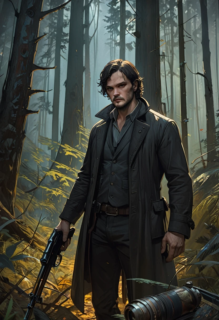 a man with a gun stands in the forest at night, Concept art by Maxim Verekhin, deviantart site, serial art, Stefan Koidl inspired, Lubezki, fan art, Jon Snow, Casey Baugh and James Jean, Tarkovsky, oil on canvas. cinematic, Hannibal, Will Graham, concept art for films, style Dragan Bibin, cinematic painting