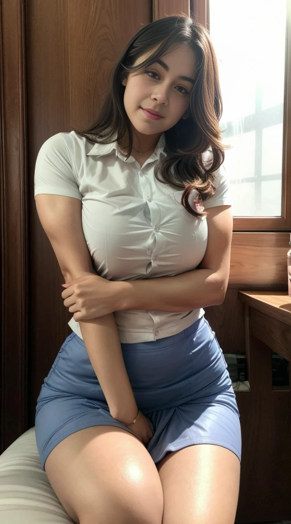 1girl, solo, sensual woman, clear lighting, (Indonesian_high_school), semi-curvy body, indoors, pose on bed, detailed face, detailed eyes, in the middle, unparalleled beauty, looking at the camera , thick breasts, detailed skin, muscle legs, muscle arms, muscular abs, looking at the audience,wearing white shirt, wearing short skirt, (8k, RAW photo, best quality, masterpiece: 1.2), (realistic, realistic: 1.37), ultra-high resolution