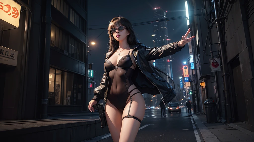 (((Masterpiece))), best quality, ultra-detailed CG unity 8k wallpaper, cyber city, tokyo, big future city at night. (1girl, solo, alone), large-breast:1.3 slim:0.7 body, long:0.4 hair, cleavage:1.1, sexy micro:0.3 laced lingerie with short:0.6 jacket, (black sunglasses), ((she raised a pistol:1.8 and shot the viewer)), running pose, ((half-body thigh:0.95 level medium shot)), cinematic lighting, lens flare, ray tracing.