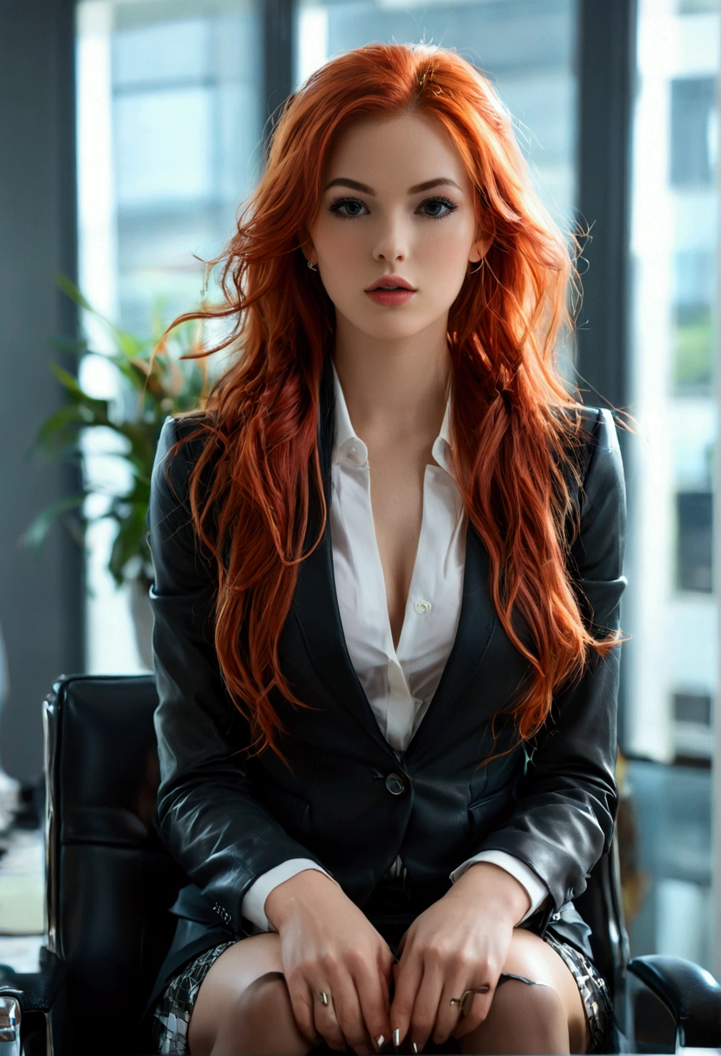ultra realistic, photography, long red hair, girl, 24 years old, hourglass figure, perfect body, small breasts, Flirty look, extremely detailed artgerm, in the style artgerm, facing the camera, lens 35 mm, blur background, sitting at the desk in an office in a leather chair, hair in a ponytail, wearing a suit and a skirt, high heels, legs crossed, she is the ceo of the company, long legs, beautiful legs