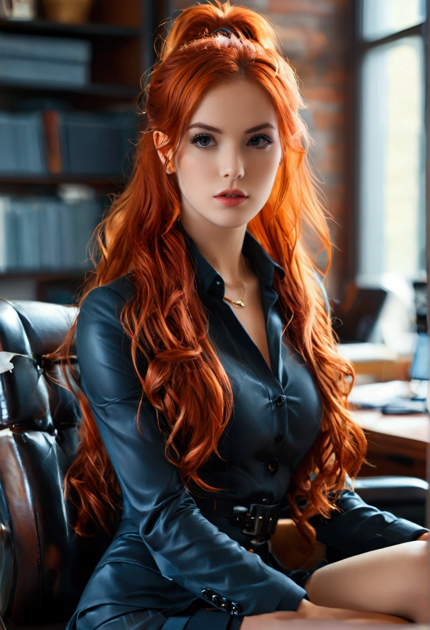 ultra realistic, photography, long red hair, girl, 24 years old, hourglass figure, perfect body, small breasts, Flirty look, extremely detailed artgerm, in the style artgerm, facing the camera, lens 35 mm, blur background, sitting at the desk in an office in a leather chair, hair in a ponytail, wearing a suit and a skirt, high heels, legs crossed, she is the ceo of the company, long legs, beautiful legs