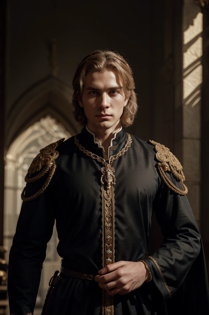 A dark-blonde hair man, 26 years old, pale skin, mesomorph body, hands on waist, medieval prince, noble clothes, crown, detailed face, chiaroscuro lighting, dramatic shadows, cinematic, oil painting, highly detailed, intricate ornate costume, regal, dramatic