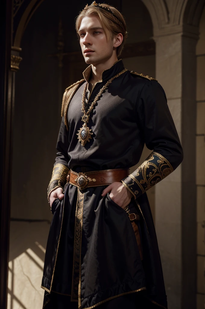 A dark-blonde hair man, 26 years old, pale skin, mesomorph body, hands on waist, medieval prince, noble clothes, crown, detailed face, chiaroscuro lighting, dramatic shadows, cinematic, oil painting, highly detailed, intricate ornate costume, regal, dramatic