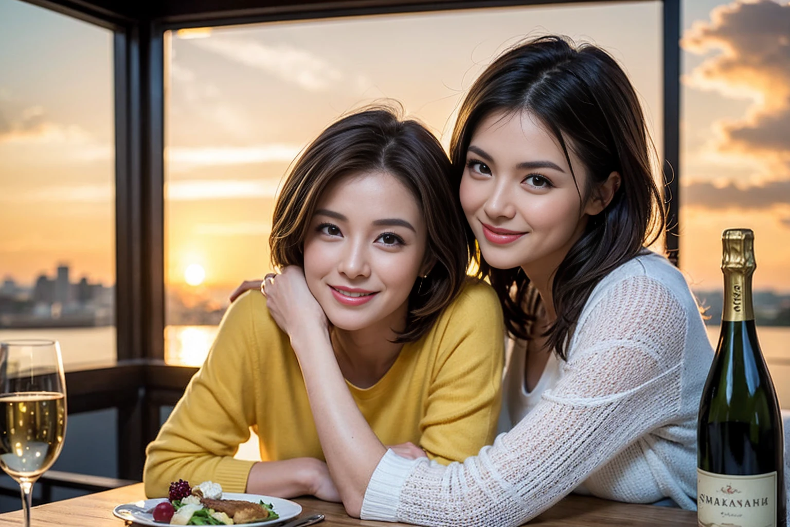 (Realistic:1.1),(masterpiece,Highest quality),8k,(44 years old), 47 years old, Lovers、Happy Couple、Model Couple、Actress/Actor、Tight waist,Upper Body,full-course dinner、wine 、Amazing view of the sunset sky and clouds、Perfect Anatomy, Brown Hair, short hair,Random Hairstyles,((Highly detailed face and eyes:1.2))(cute顔:1.4),Beautiful actress face,Perfect golden ratio face,Long sleeve shirt、dress,(smile:1.2)、Shortcuts、cute、(Realistic, Intricate details:1.2), A bright smile、short hair,Bright Face、赤wine 、Appetizers、Italian food、wine bottle、Champagne、スパークリングwine、(slimな顔), (The body is slim), (Brown Hair), (Shortcuts), Upper Body, 白wine, slim, wineグラス,