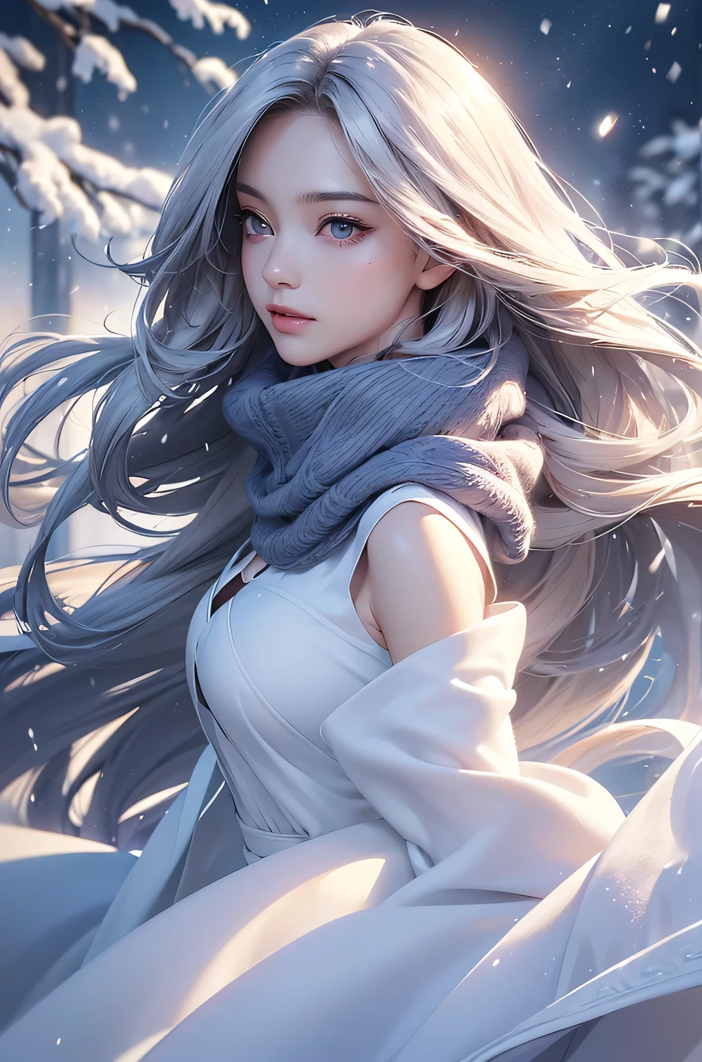 ((masterpiece:1.5、8k、Portraiture、Photorealistic and very detailed CG、Very detailed、Particle Effects、Dynamic Effects、Shallow depth of field、Cinematic Light、Lens flare、Ray Tracing、Tabletop、Realistic:1.4、Ultra-high resolution:1.2、Realistic、Realistic))((alone、,A woman wearing a cashmere coat over an off-the-shoulder dress:1.4、wear a long scarf、Elegant woman posing、Detailed face、brightexpression、young, bright, Whiter skin、Ample breasts、Best Looks、Ultimate beauty、Shiny silver hair with highlights、bright and shiny hair,、Super long, Silky straight hair、Hair dancing in the wind))(morning、The setting is outdoors in the snow、Surrounded by illuminations)
