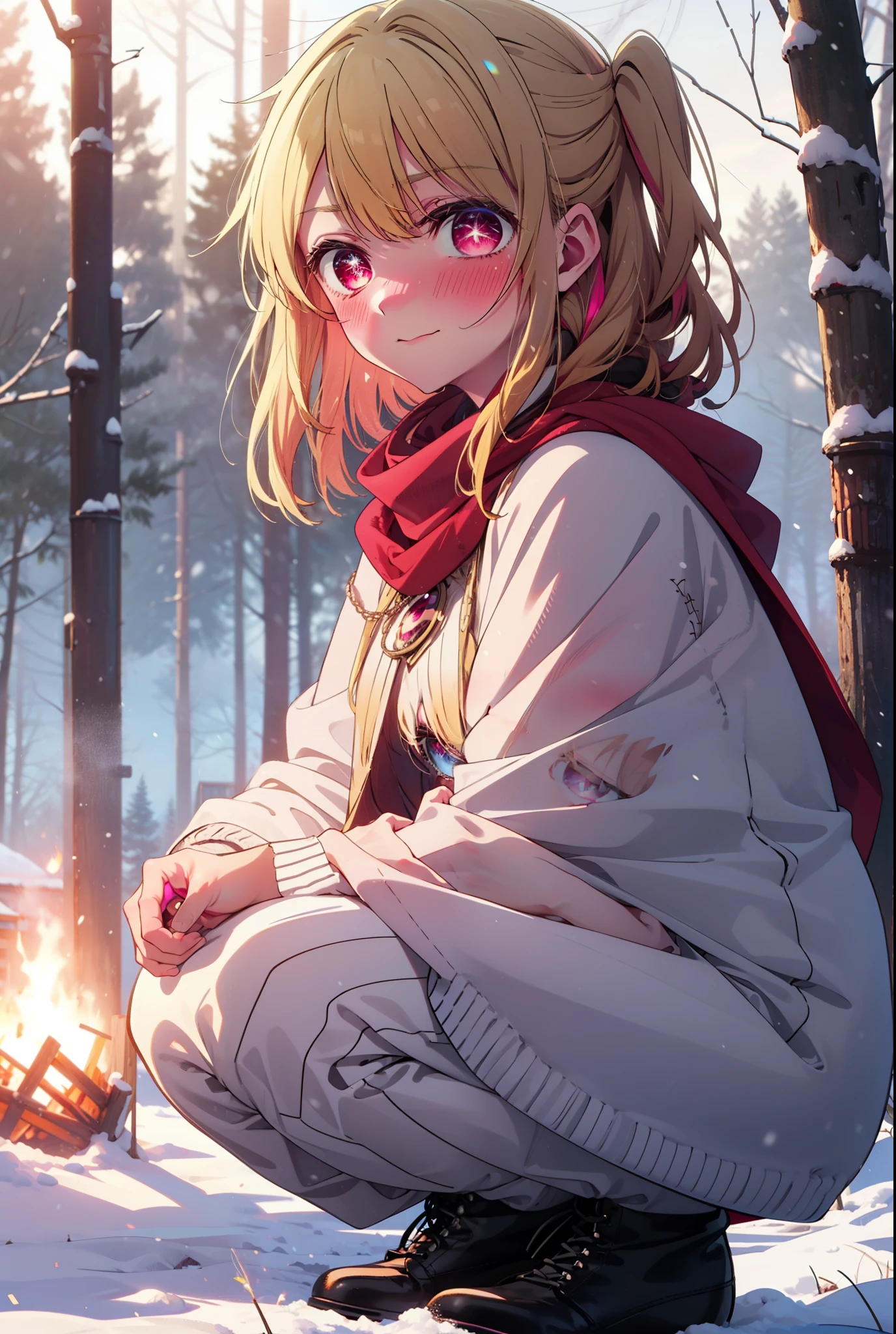 rubyhoshino, Hoshino Ruby, Long Hair, bangs, blonde, (Pink Eyes:1.3), Side Lock, (Symbol-shaped pupil:1.5), Multicolored Hair, Two-tone hair, smile,,smile,blush,white breath,
Open your mouth,snow,Ground bonfire, Outdoor, boots, snowing, From the side, wood, suitcase, Cape, Blurred, , forest, White handbag, nature, Squat, Mouth closed, Cape, winter, Written boundary depth, Black shoes, red Cape break looking at viewer, Upper Body, whole body, break Outdoor, forest, nature, break (masterpiece:1.2), Highest quality, High resolution, unity 8k wallpaper, (shape:0.8), (Beautiful and beautiful eyes:1.6), Highly detailed face, Perfect lighting, Highly detailed CG, (Perfect hands, Perfect Anatomy),