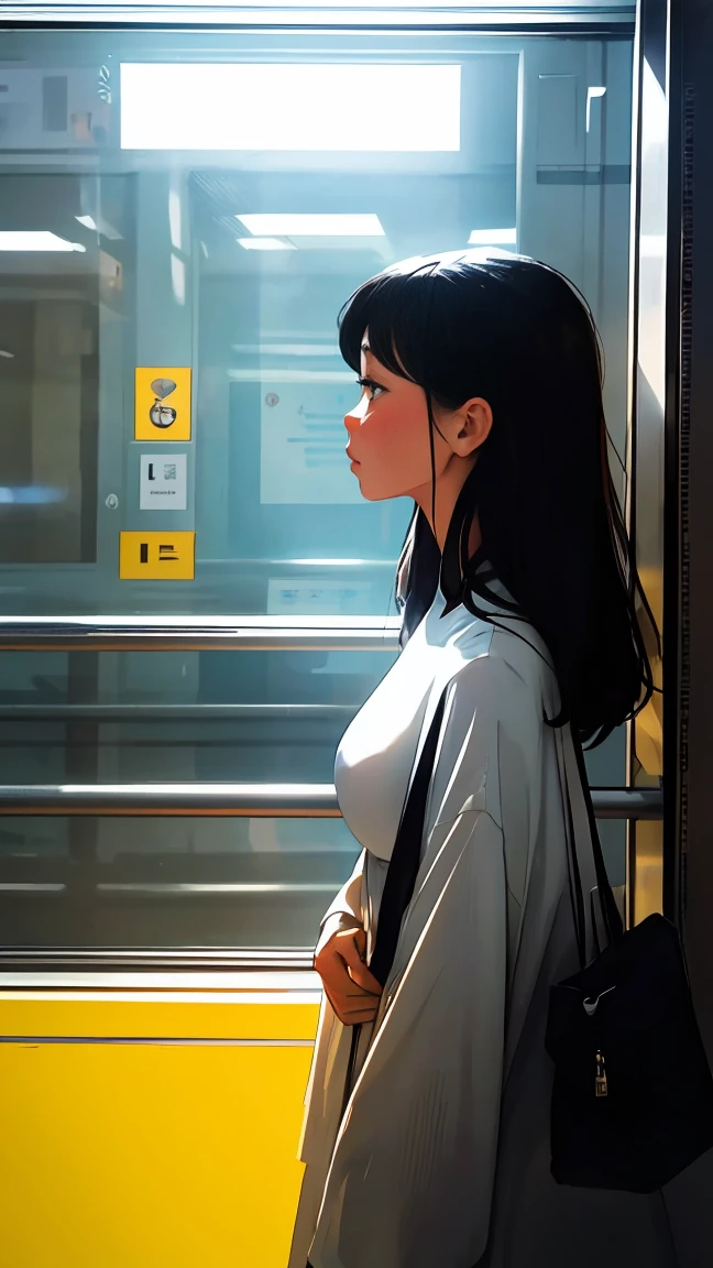 Woman looking at the view outside the window in front of the subway doors、Bright colors、Soft Focus、Light leakage、、Glasses、Experimental charm、A break in color field painting with a retro appeal、Various colors、abstract expressionism、Bold colors、Emotional impact、Atmospheric Depth、Minimalist Approach Break、Beautiful girls、uhd（Super detailed）、Shortcuts、Black Hair、Asian、White stardust in a dark place、Absurd、High resolution、Very detailed、Bright colors、Soft Focus、Light leakage、Dreamy atmosphere、information、Black Hair、Large Breasts、Upper Body、profile