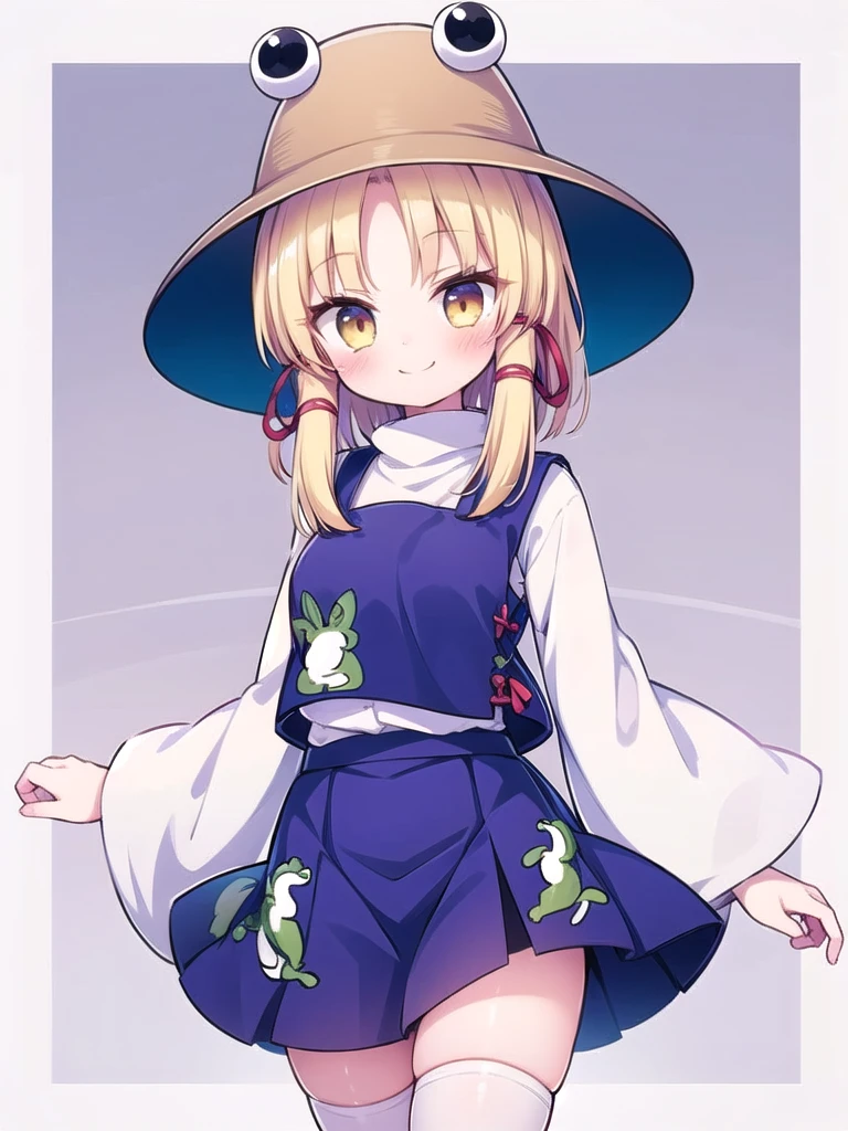 1girl, masterpiece, best quality, perfect hands, smile, blush, moriya suwako, frog print, hat, blonde hair, white shirt, purple skirt, white thighhighs, medium hair, yellow eyes, long sleeves, ribbon, hair ribbon, red ribbon, purple vest