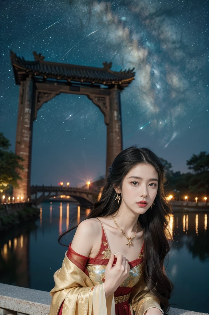 (((best quality))),(((ultra detailed))),(((masterpiece))),illustration,((1 beautiful girl,solo)),(shoulder length straight hair:1.2),((earrings,necklace)),((slim,thin)),((small breasts,flat chest)),(gorgeous red sheer Hanfu:1.3),(standing:1.3),(on the stone arch bridge:1.3),((starry sky,the Milky Way)),elegance, grace, sophisticated updo, delicate hairpins, twinkling stars, radiant smile, bright eyes, wonder, beauty of the night sky, intricate patterns, flowers, birds, vibrant colors, ethereal, enchanting, old bridge, weathered, sturdy, natural surroundings, serene, peaceful atmosphere, rippling water, stars, graceful silhouette, magic, tranquility, twinkling stars, mesmerizing canopy of light, cool air, crisp, faint scent of blooming flowers, contemplation, admiration, ancient China, timeless, rich culture, traditions, captivating, enchanting atmosphere, myth, legend,((from front,upper body))