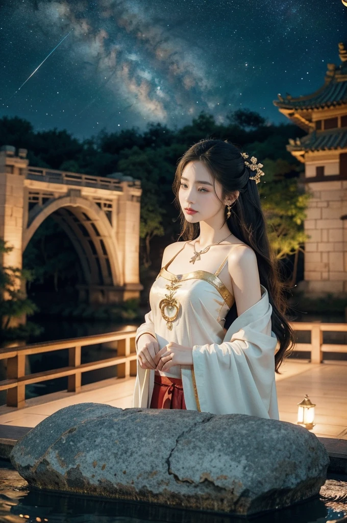(((best quality))),(((ultra detailed))),(((masterpiece))),illustration,((1 beautiful girl,solo)),(shoulder length straight hair:1.2),((earrings,necklace)),((slim,thin)),((small breasts,flat chest)),(gorgeous red sheer Hanfu:1.3),(standing:1.3),(on the stone arch bridge:1.3),((starry sky,the Milky Way)),elegance, grace, sophisticated updo, delicate hairpins, twinkling stars, radiant smile, bright eyes, wonder, beauty of the night sky, intricate patterns, flowers, birds, vibrant colors, ethereal, enchanting, old bridge, weathered, sturdy, natural surroundings, serene, peaceful atmosphere, rippling water, stars, graceful silhouette, magic, tranquility, twinkling stars, mesmerizing canopy of light, cool air, crisp, faint scent of blooming flowers, contemplation, admiration, ancient China, timeless, rich culture, traditions, captivating, enchanting atmosphere, myth, legend,((from front,upper body))