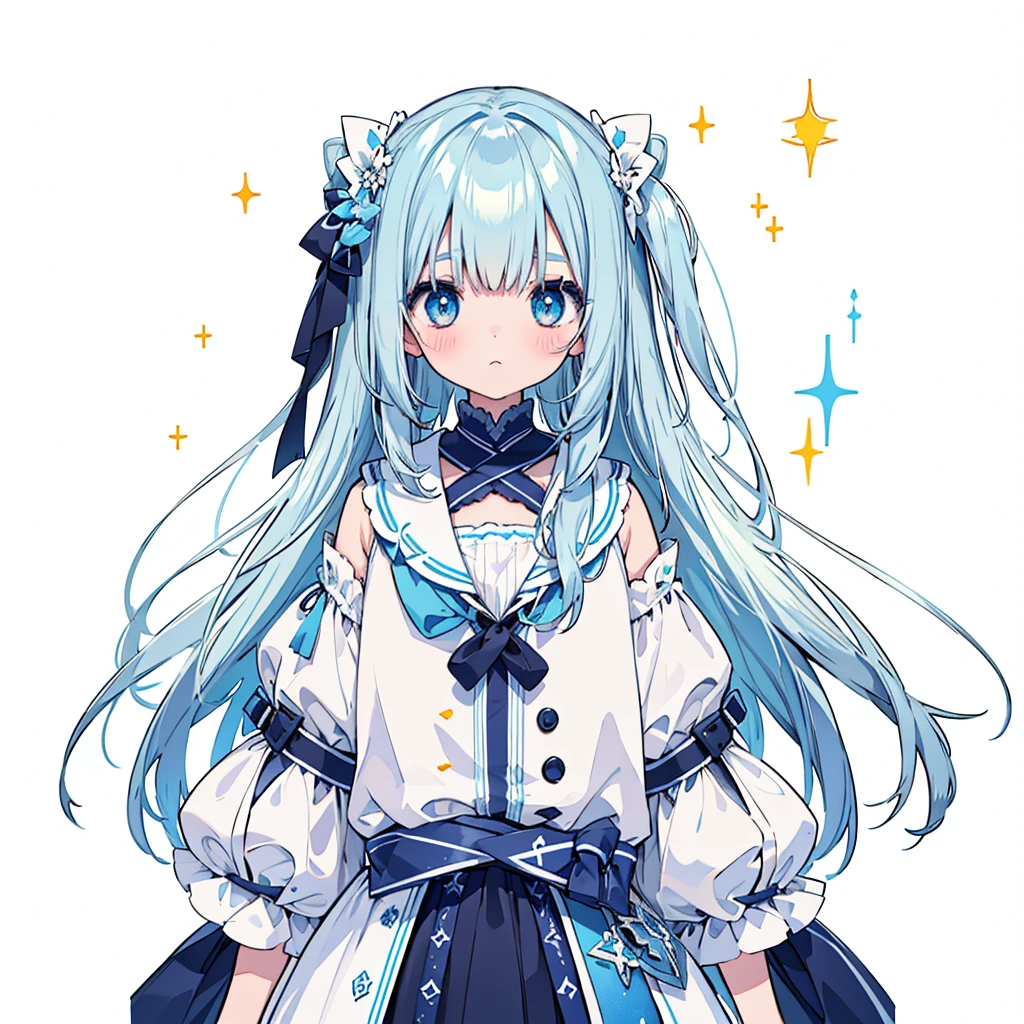 vtuber half body、Bangs shorter than eyebrows、Highest quality、Best illustrations、Very detailed、Upper Body、alone、1 girl、Looking into the camera、upright、Place your arms at your sides、Beautiful attention to detail、Concept Art、from the front、White Background、Simple Background、Droopy and large eyes、Very detailedな眼、Sparkling, shining, white and blue gradient long hair、Short sleeve、water colored pencils、Kind Face、blush、Virtual YouTuber、