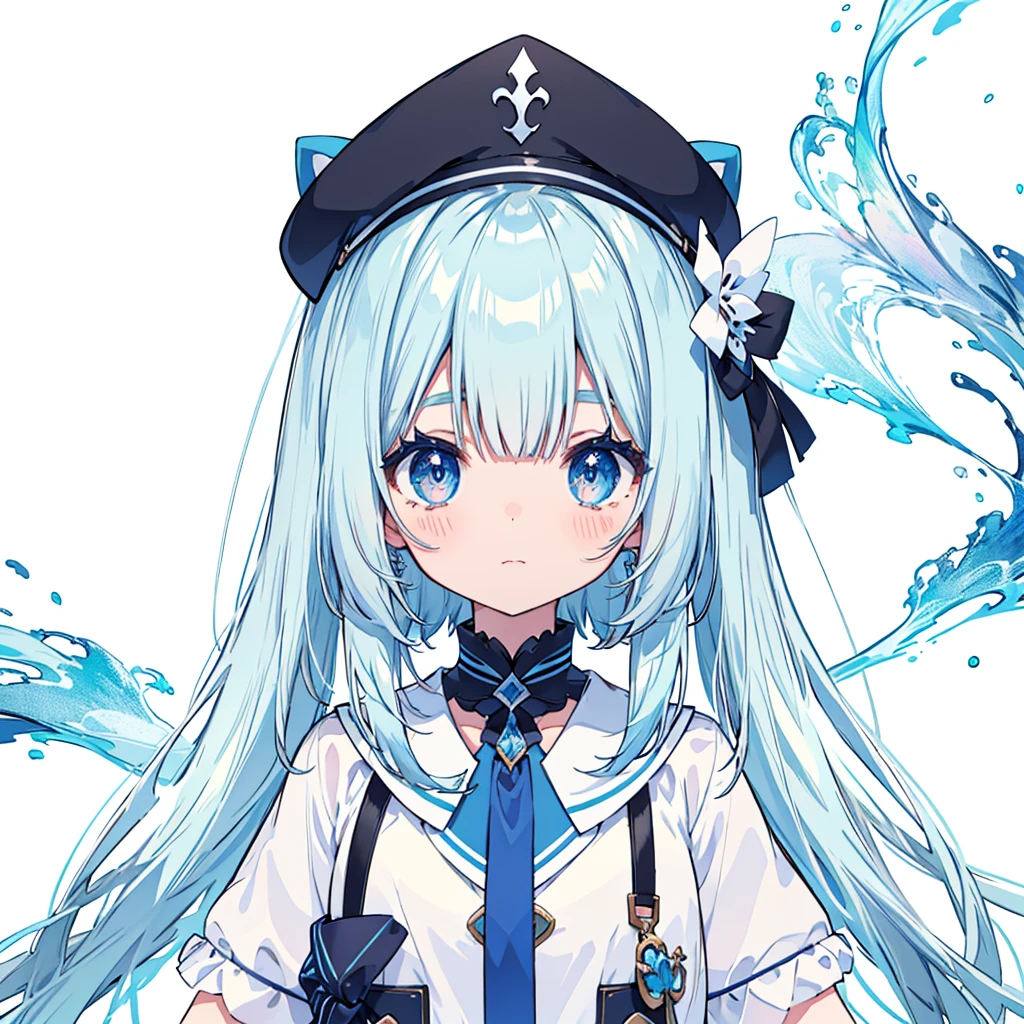 vtuber half body、Bangs shorter than eyebrows、Highest quality、Best illustrations、Very detailed、Upper Body、alone、1 girl、Looking into the camera、upright、Place your arms at your sides、Beautiful attention to detail、Concept Art、from the front、White Background、Simple Background、Droopy and large eyes、Very detailedな眼、Sparkling, shining, white and blue gradient long hair、Short sleeve、water colored pencils、Kind Face、blush、Virtual YouTuber、