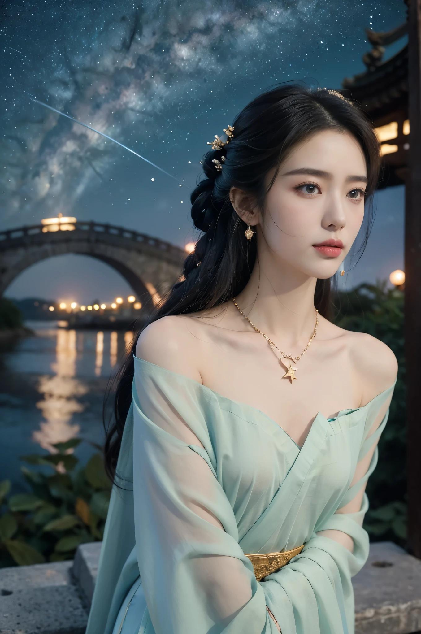 (((best quality))),(((ultra detailed))),(((masterpiece))),illustration,((1 beautiful girl,solo)),(shoulder length straight hair:1.2),((earrings,necklace)),((slim,thin)),((small breasts,flat chest)),(gorgeous sheer Hanfu:1.3),(standing:1.3),(on the stone arch bridge:1.3),((starry sky,the Milky Way)),elegance, grace, sophisticated updo, delicate hairpins, twinkling stars, radiant smile, bright eyes, wonder, beauty of the night sky, intricate patterns, flowers, birds, vibrant colors, ethereal, enchanting, old bridge, weathered, sturdy, natural surroundings, serene, peaceful atmosphere, rippling water, stars, graceful silhouette, magic, tranquility, twinkling stars, mesmerizing canopy of light, cool air, crisp, faint scent of blooming flowers, contemplation, admiration, ancient China, timeless, rich culture, traditions, captivating, enchanting atmosphere, myth, legend,((from front,upper body))