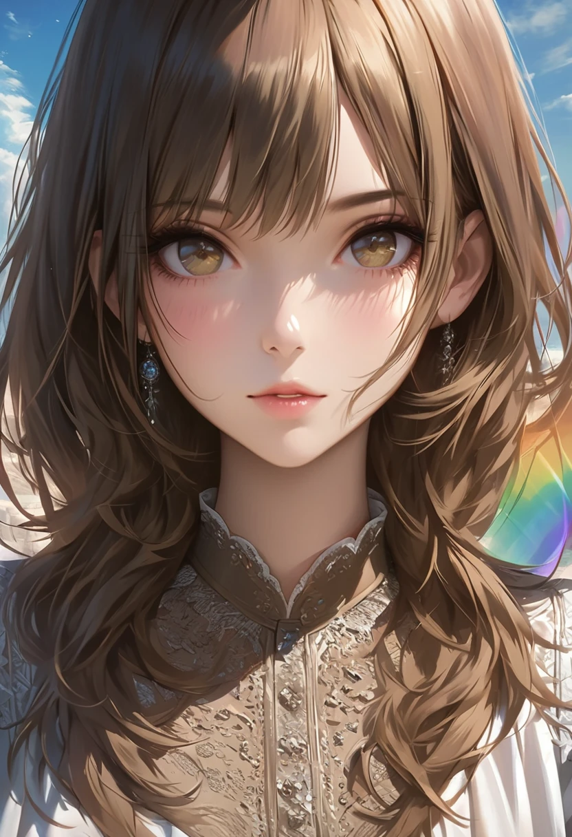 brown hair,masterpiece, best quality, an extremely delicate and beautiful girl,an extremely delicate and beautiful, world masterpiece theater, ultra-detailed, highly detailed, best quality, , highres, extremely detailed,1girl, best quality, illustration, looking at viewer, sharp,rainbow,, realistic, realist ,real,