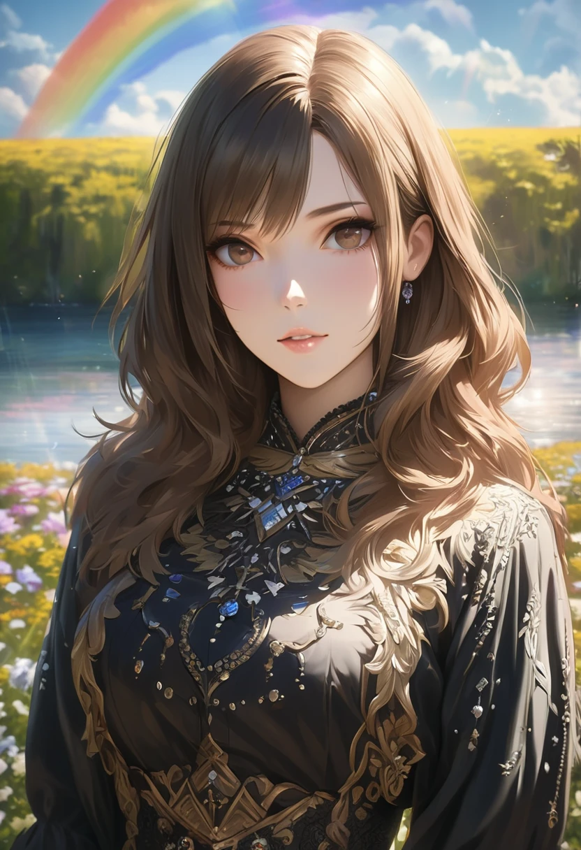 brown hair,masterpiece, best quality, an extremely delicate and beautiful girl,an extremely delicate and beautiful, world masterpiece theater, ultra-detailed, highly detailed, best quality, , highres, extremely detailed,1girl, best quality, illustration, looking at viewer, sharp,rainbow,, realistic, realist ,real,