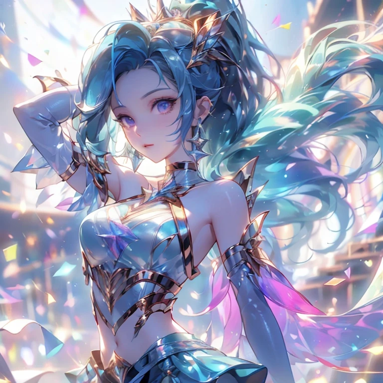 (artwork, highest quality, highest resolution, distinct_image, detailed details): (8K, 4K, best quality, High resolution: 1.2), artwork, Ultra-detailed, hyper details, cinematic Light, alone, woman, blue hair, high ponytail hair, tight metallic clothes, heroine pose, perfect body, slim waist, looking at the viewer, detailed_background, full_body, dynamic_angle