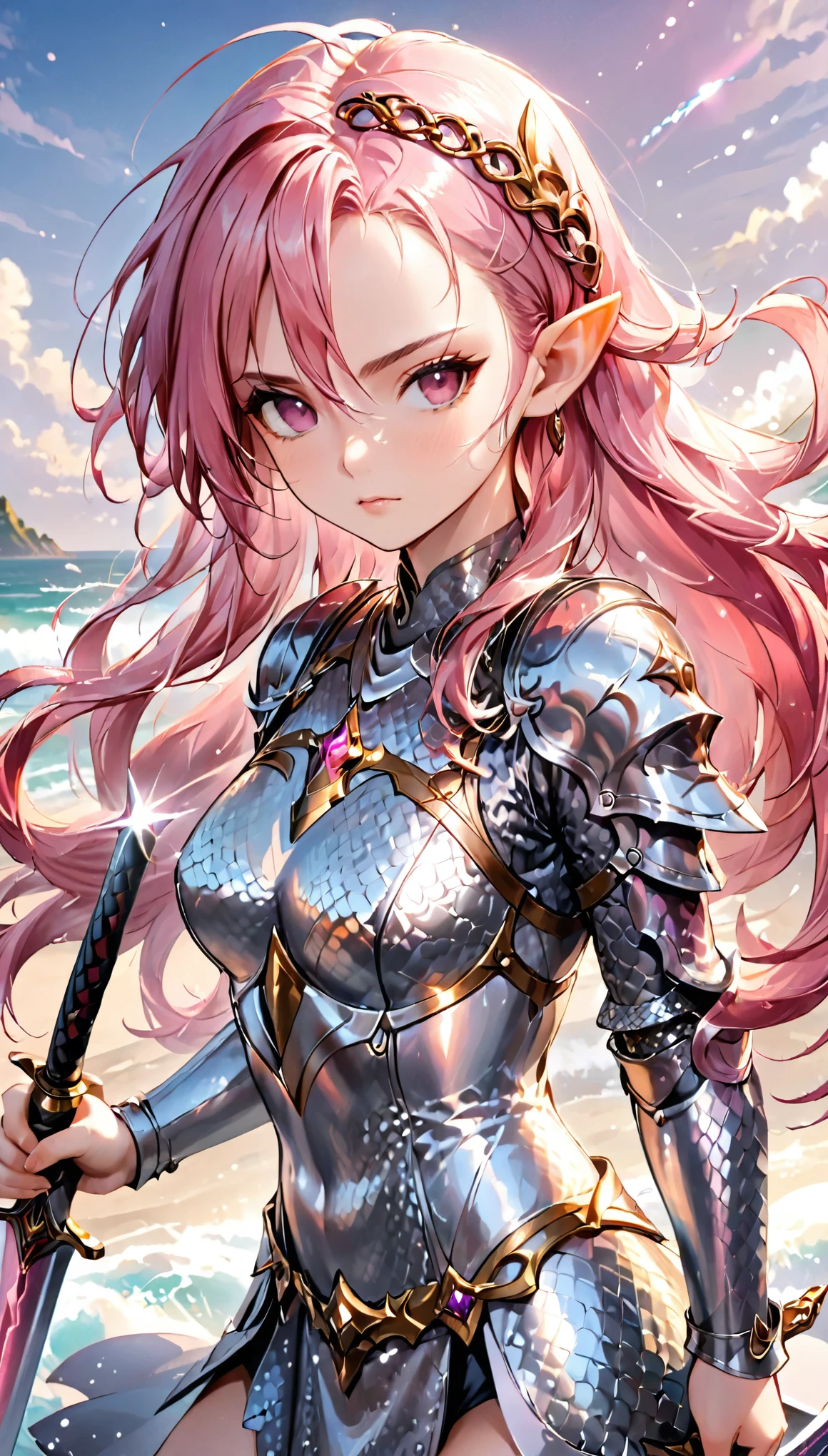 ((best quality)), ((masterpiece)), (detailed), 1girl, sexy, elf, pink hair, wave hair, shiny hair, hair over one eye, forehead protector, pointy ears, Grip the sword, hold the sword, Chainmail