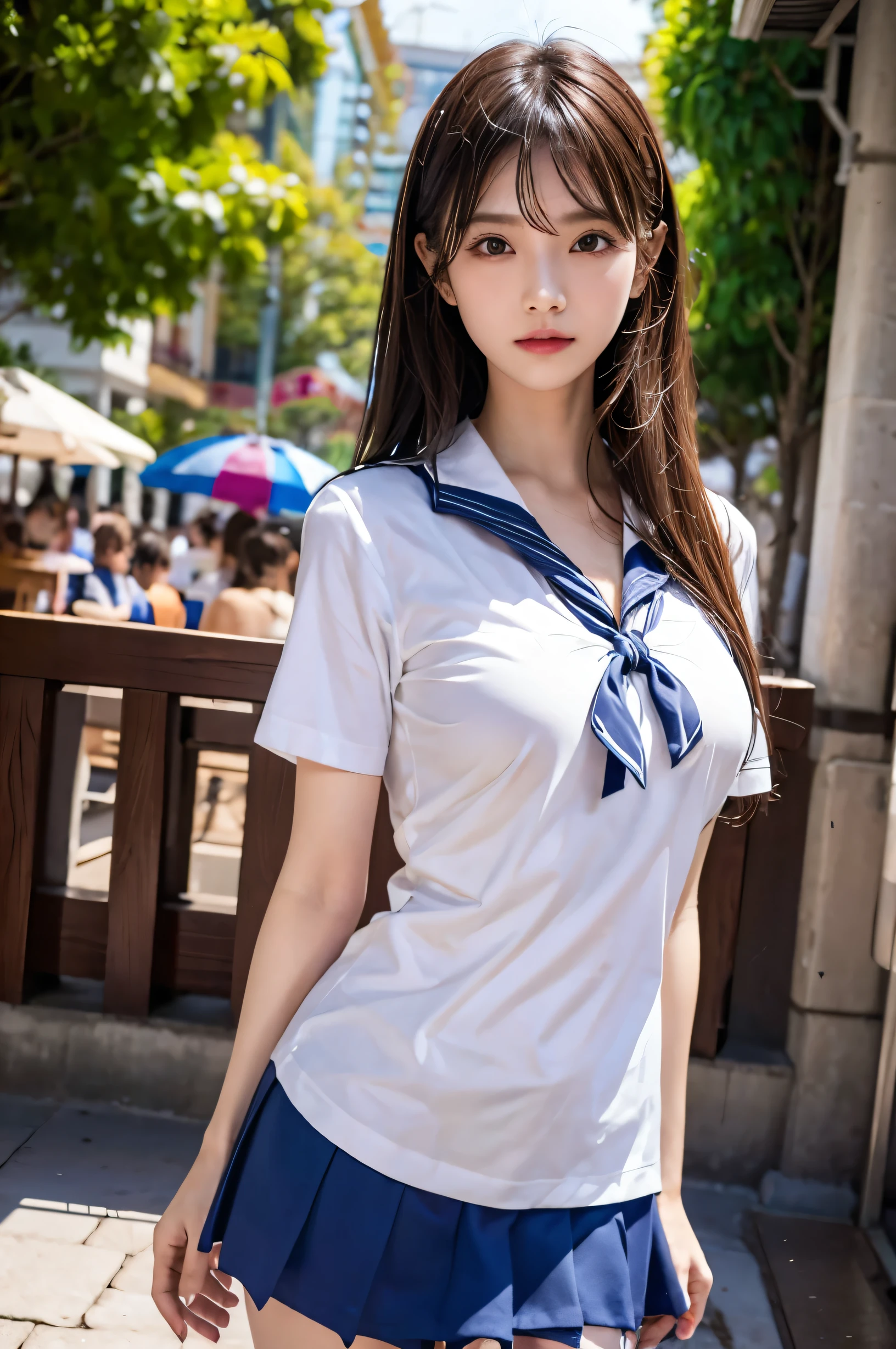 (Ultra HD), (Sailor suit, White short sleeve shirt, Navy blue mini skirt, Tight fit), Big Breasts, slender, whole body, Standing posture, (Clean and shiny skin, Whitening, No makeup), (Thin features, Facial beauty), (long hair, Layered Cut, Fluffy hair,light brown), (double eyelid, Slanted Eyes), Small Nose, Thin lips, Thin legs, amusement park